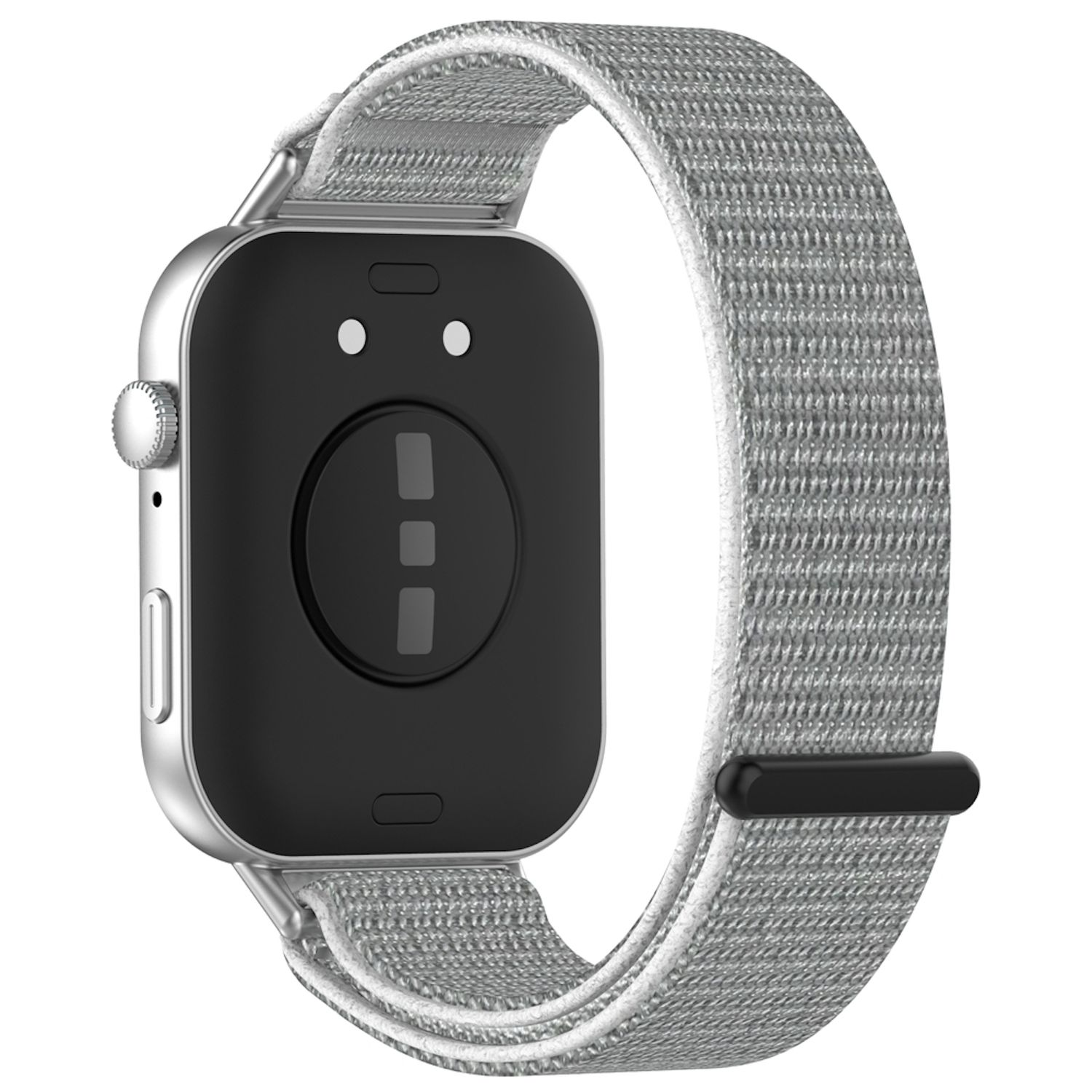 Eine silberne Smartwatch mit grauem Armband und schwarzer Rückseite mit Sensor.