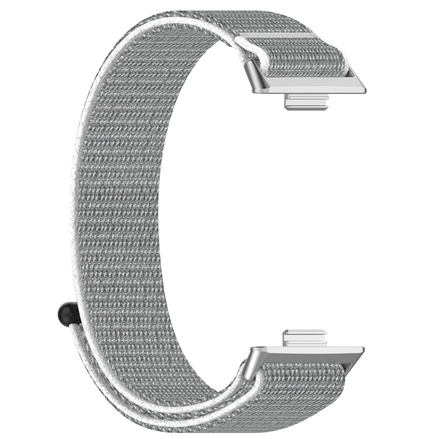Ein graues Smartwatch-Armband aus Stoff mit silbernen Verschlüssen. Das Armband hat eine strukturierte Oberfläche.