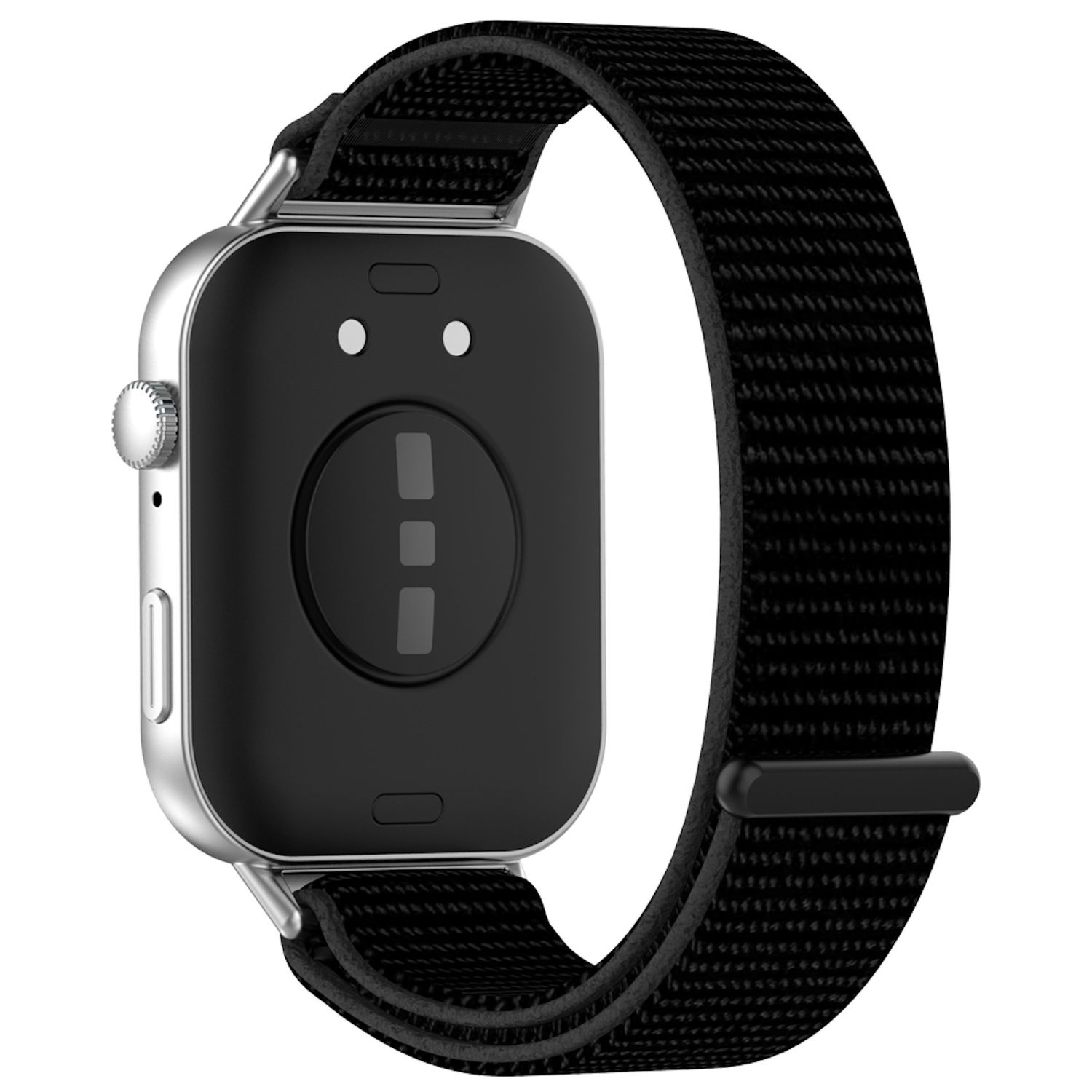 Eine silberne Smartwatch mit schwarzem Armband. Die Rückseite hat ein kreisförmiges Design.