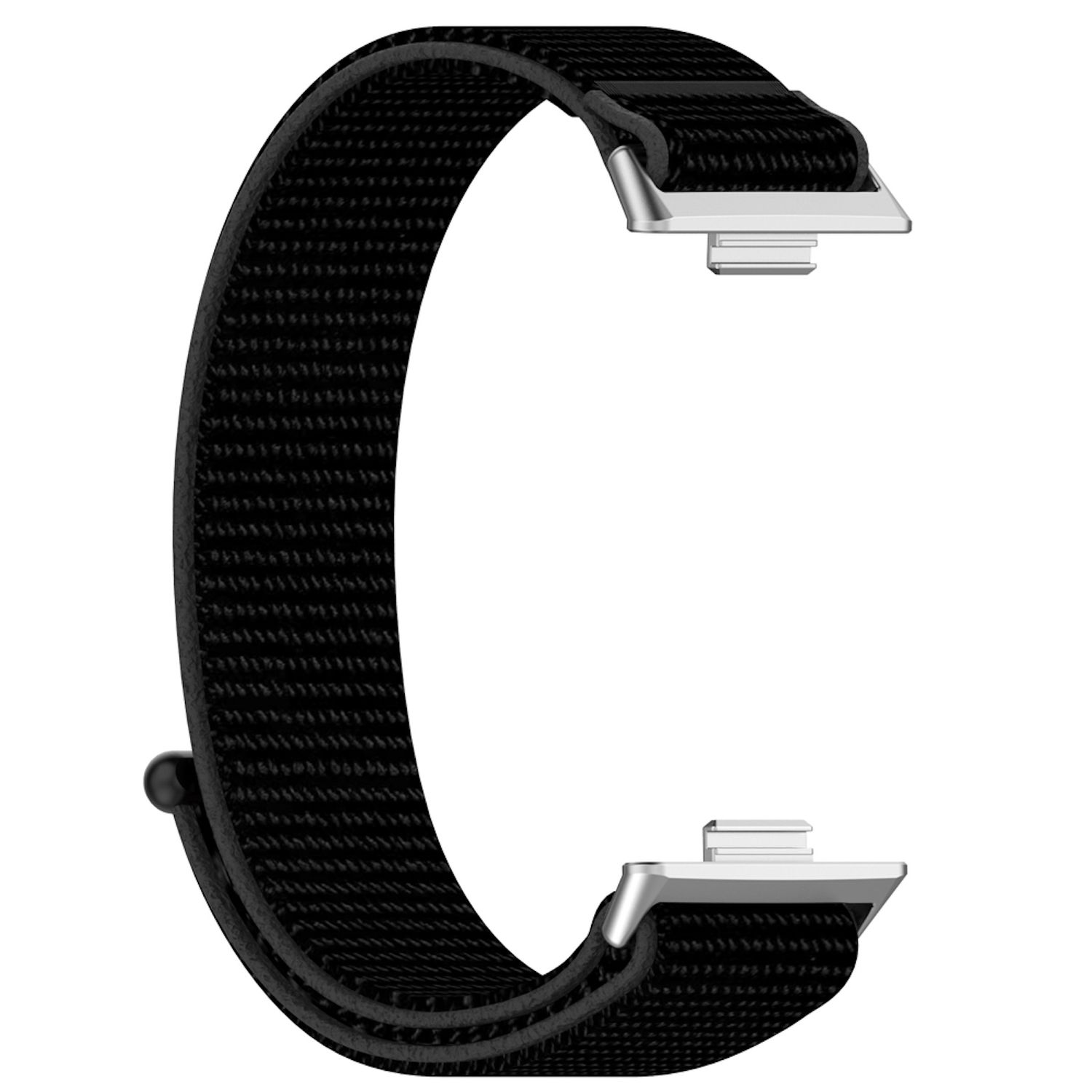 Schwarzes Uhrenarmband mit silbernen Verschlüssen. Das Armband besteht aus gewebtem Stoff.