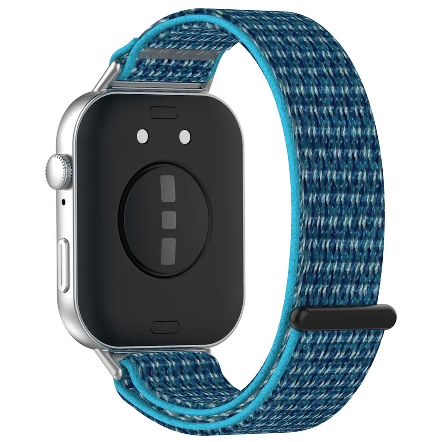 Smartwatch mit blau-weißem Stoffarmband und schwarzem quadratischem Zifferblatt.