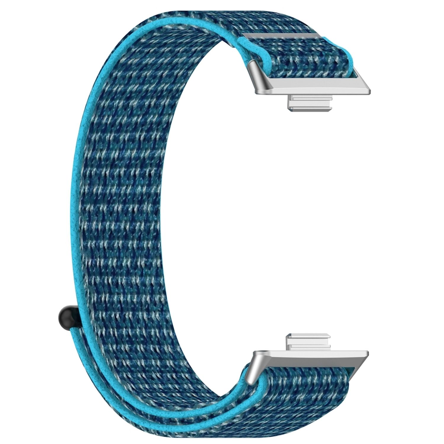 Blaues und türkisfarbenes Stoff-Uhrenarmband mit Metallverbindern.