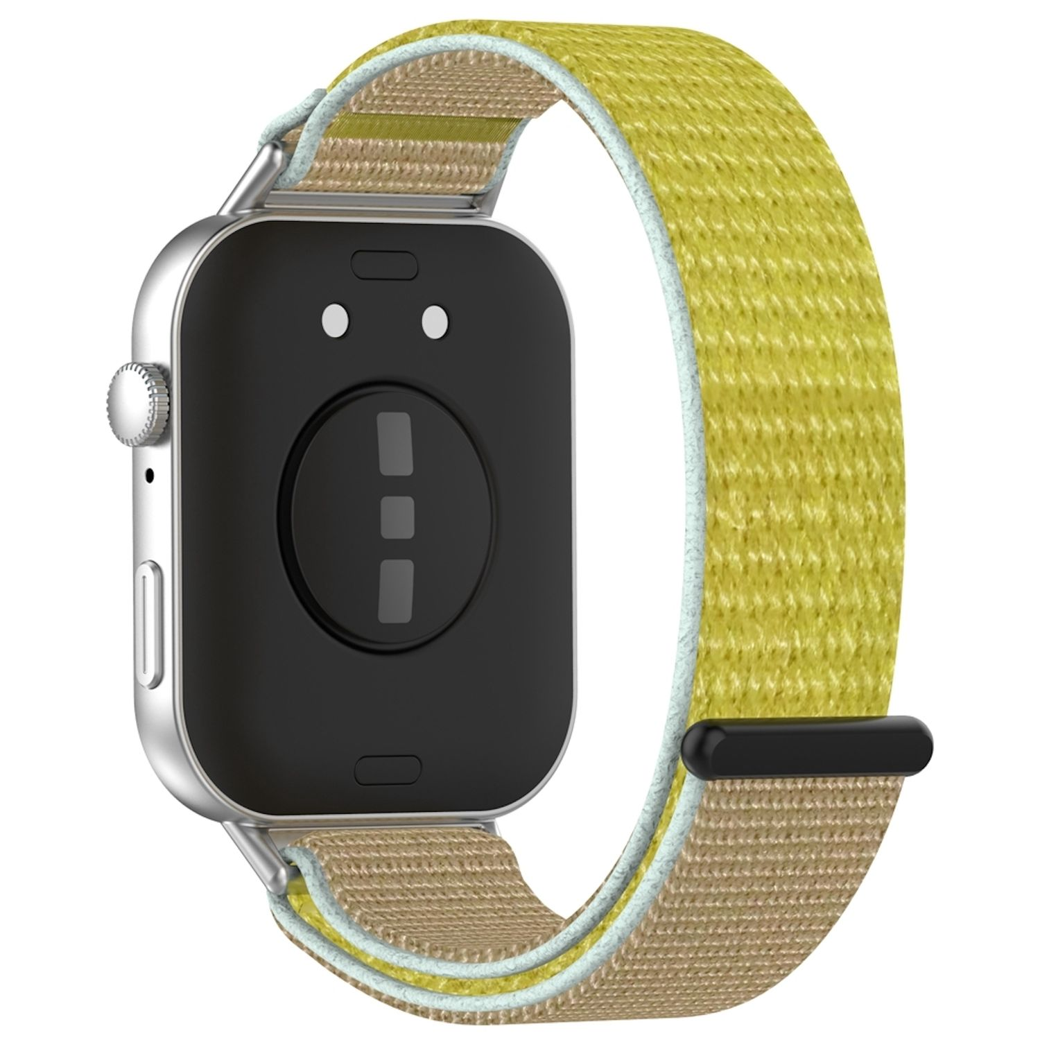 Nahaufnahme einer Smartwatch mit gelb-beige-farbenem Stoffband, Rückseite sichtbar.