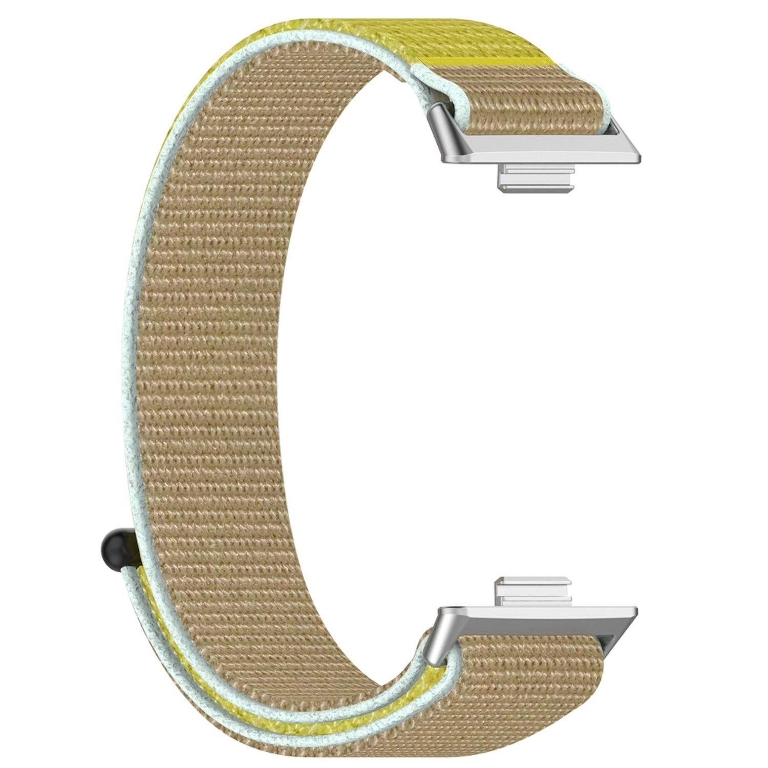 Armband, beiges Gewebe mit gelben Akzentstreifen. Silberne Metallschnallen. Hellblaue Kanten.