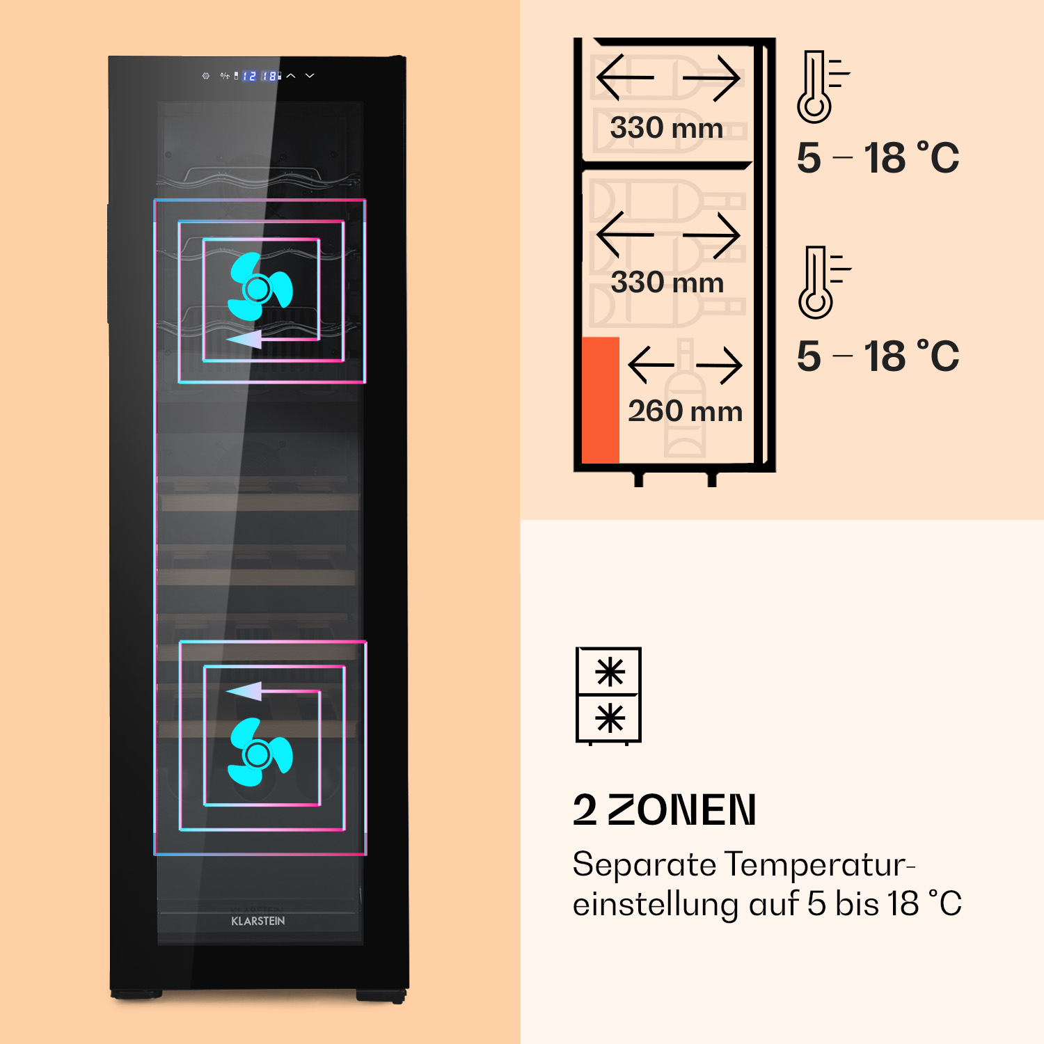 Un refrigeratore per vino nero con porta a vetro, che mostra l'interno con ventole blu e impostazioni di temperatura.