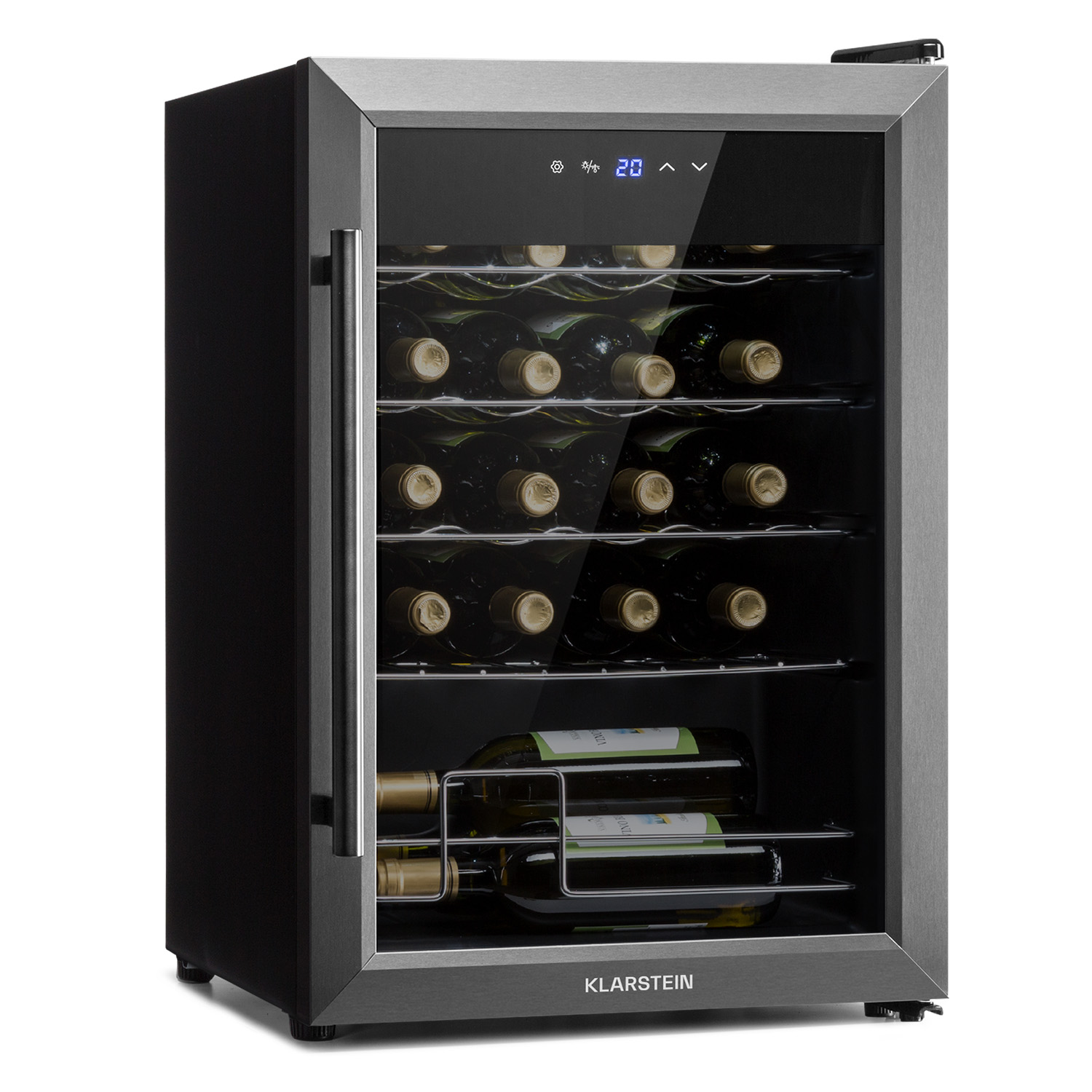 Edelstahl-Weinkühler mit Glastür, die Weinflaschen im Inneren zeigt. Schwarzer Korpus.