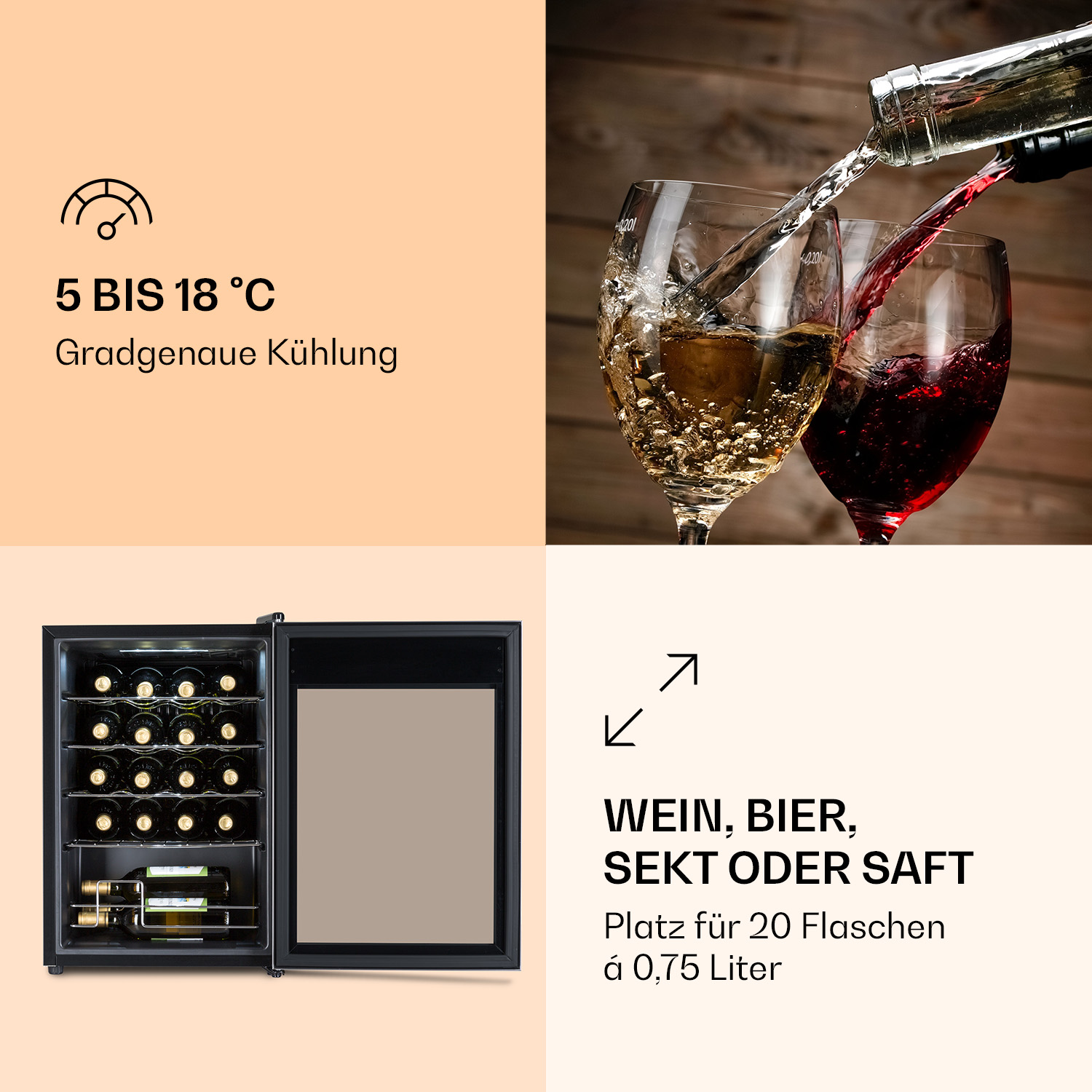 Weinkühler mit Weingläsern und einer Flasche, die Rot- und Weißwein einschenkt.