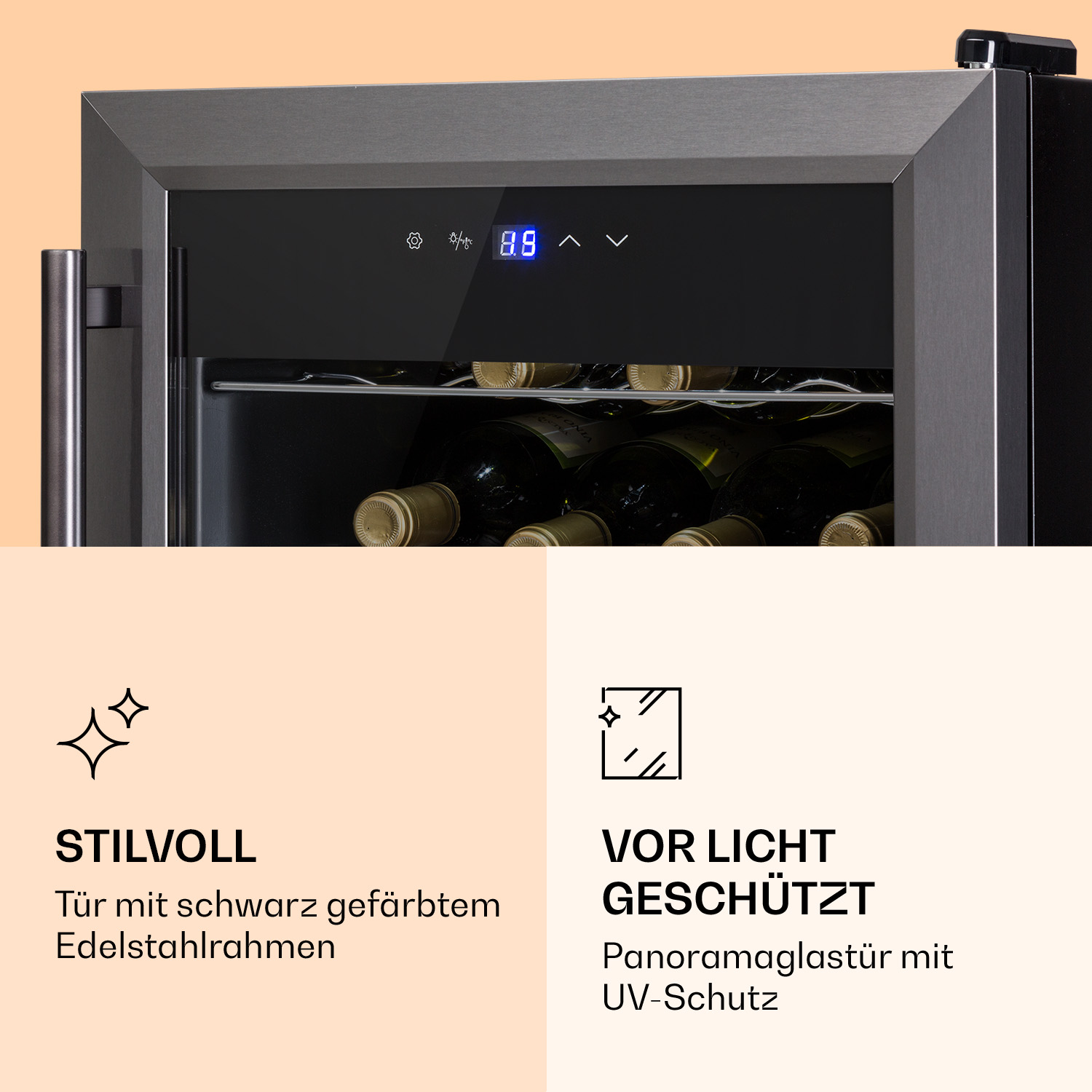 Weinkühler, schwarze Edelstahltür, Digitalanzeige, Text über UV-Schutz.