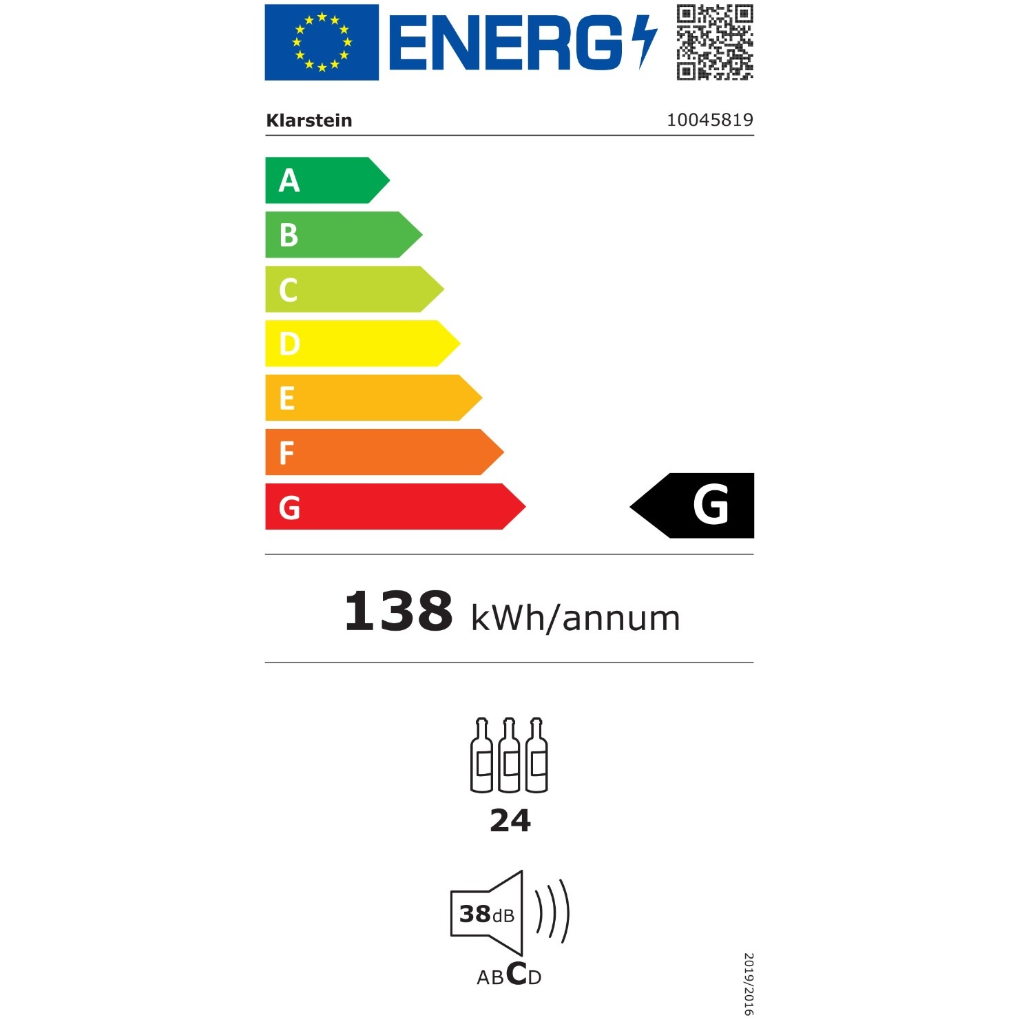 Un'etichetta di efficienza energetica che mostra la classe di efficienza energetica 'G' e un consumo di 138 kWh/anno.
