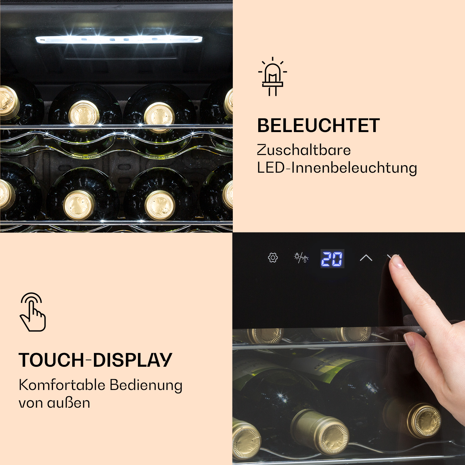 In einem Weinkühler sind Touch-Display, LED-Beleuchtung und Weinflaschen sichtbar.