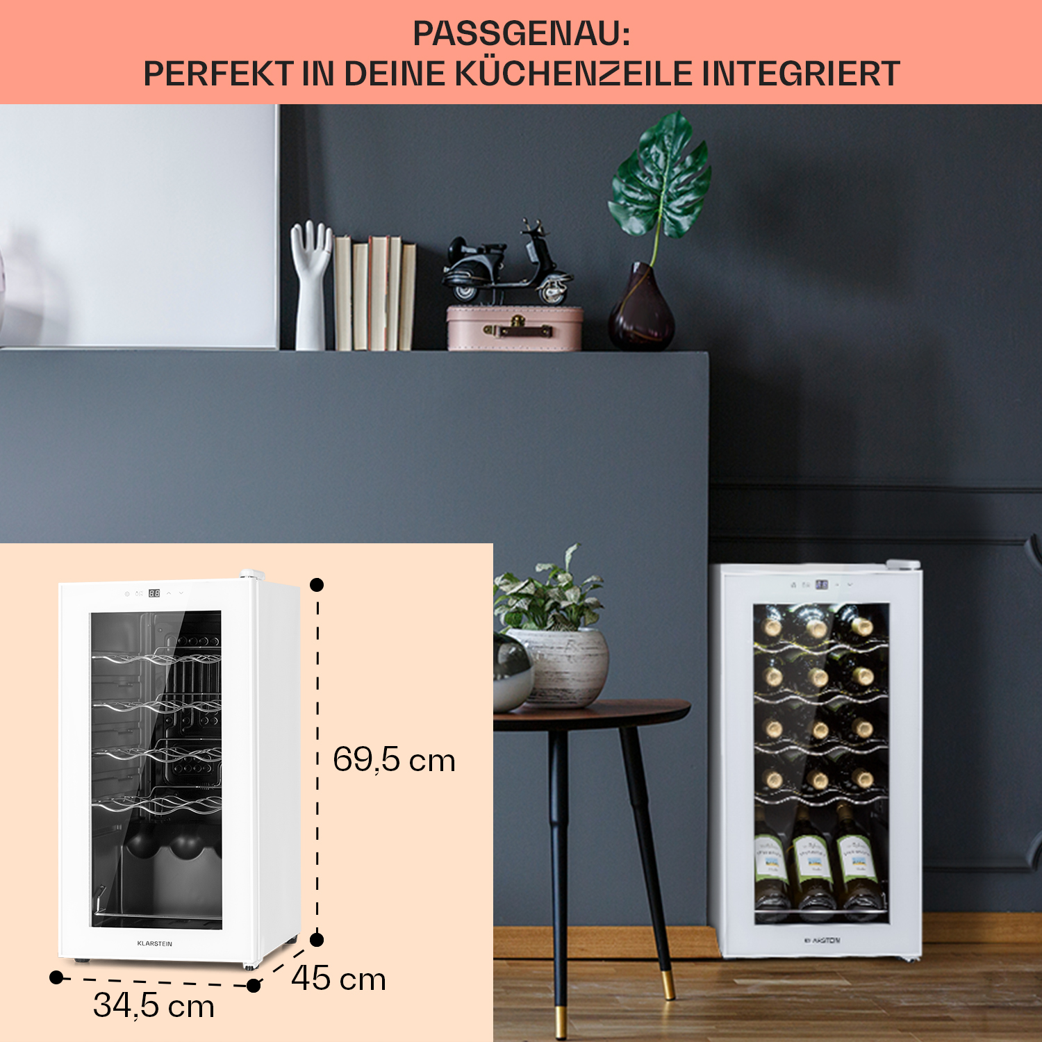 Weinkühler auf dunklem Hintergrund. Maße und Text auf dem Bild.