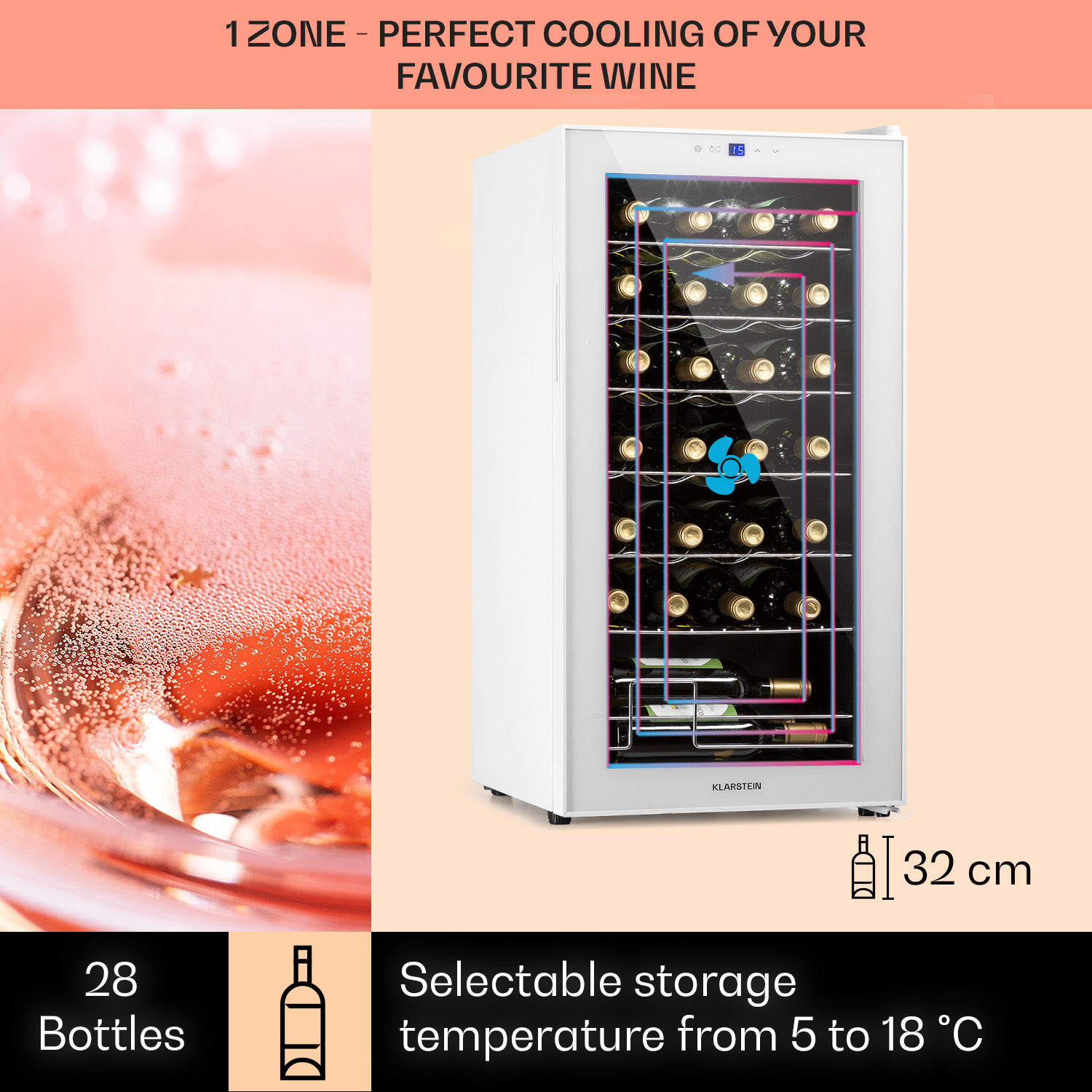 Ein weißer Weinkühler mit einem Glas Roséwein und Flaschen darin. Eigenschaften werden angezeigt.