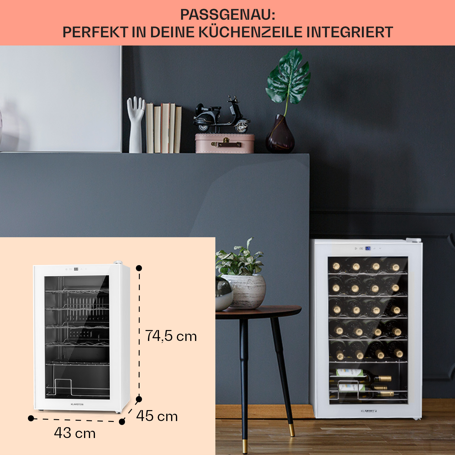 Enfriador de vino blanco con dimensiones 43x45x74.5 cm, y una mesa con planta.