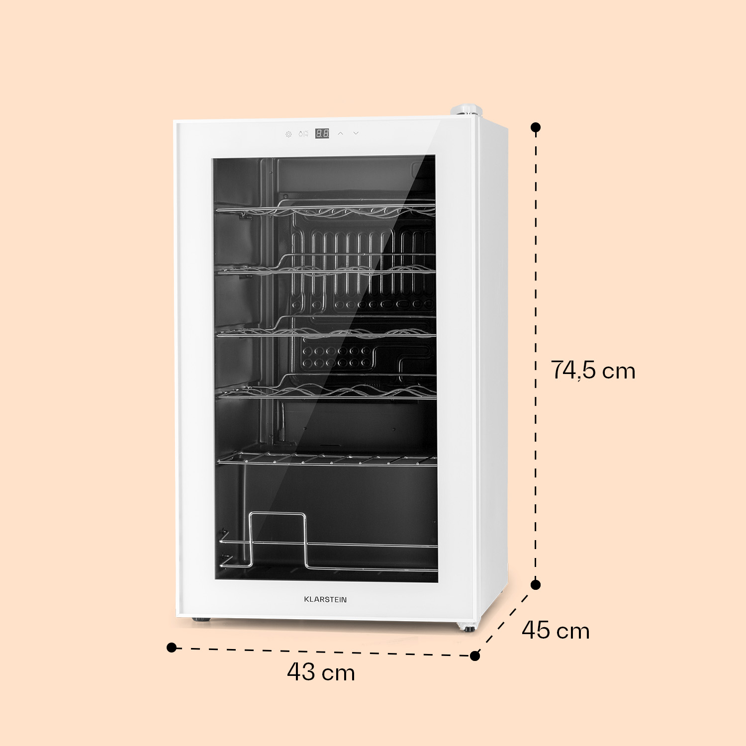 Una nevera para vinos blanca con puerta de cristal, se muestran las dimensiones en centímetros.
