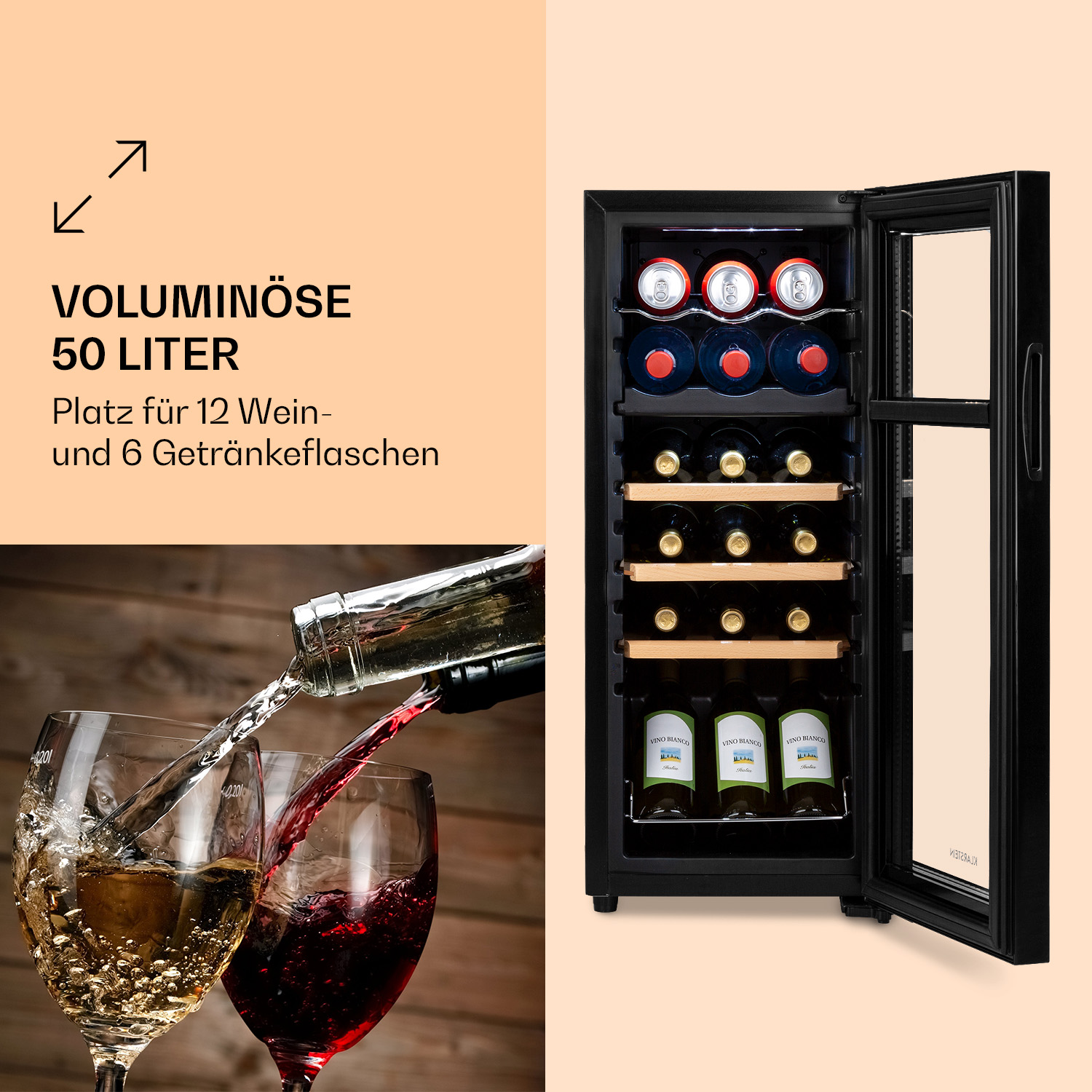Enfriador de vino con puerta abierta. Vino tinto y blanco, más latas de refresco. Vertiendo vino.