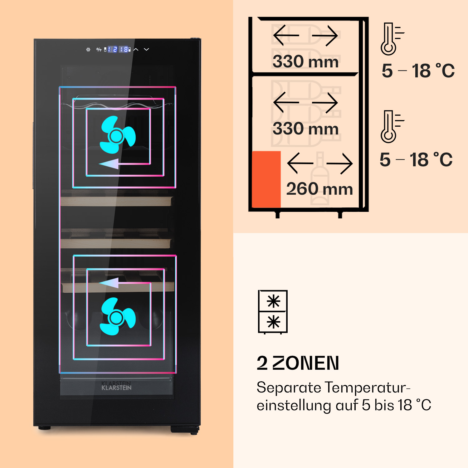 Enfriador de vino negro con dos zonas, muestra configuraciones de ventilador y temperatura, y dimensiones.