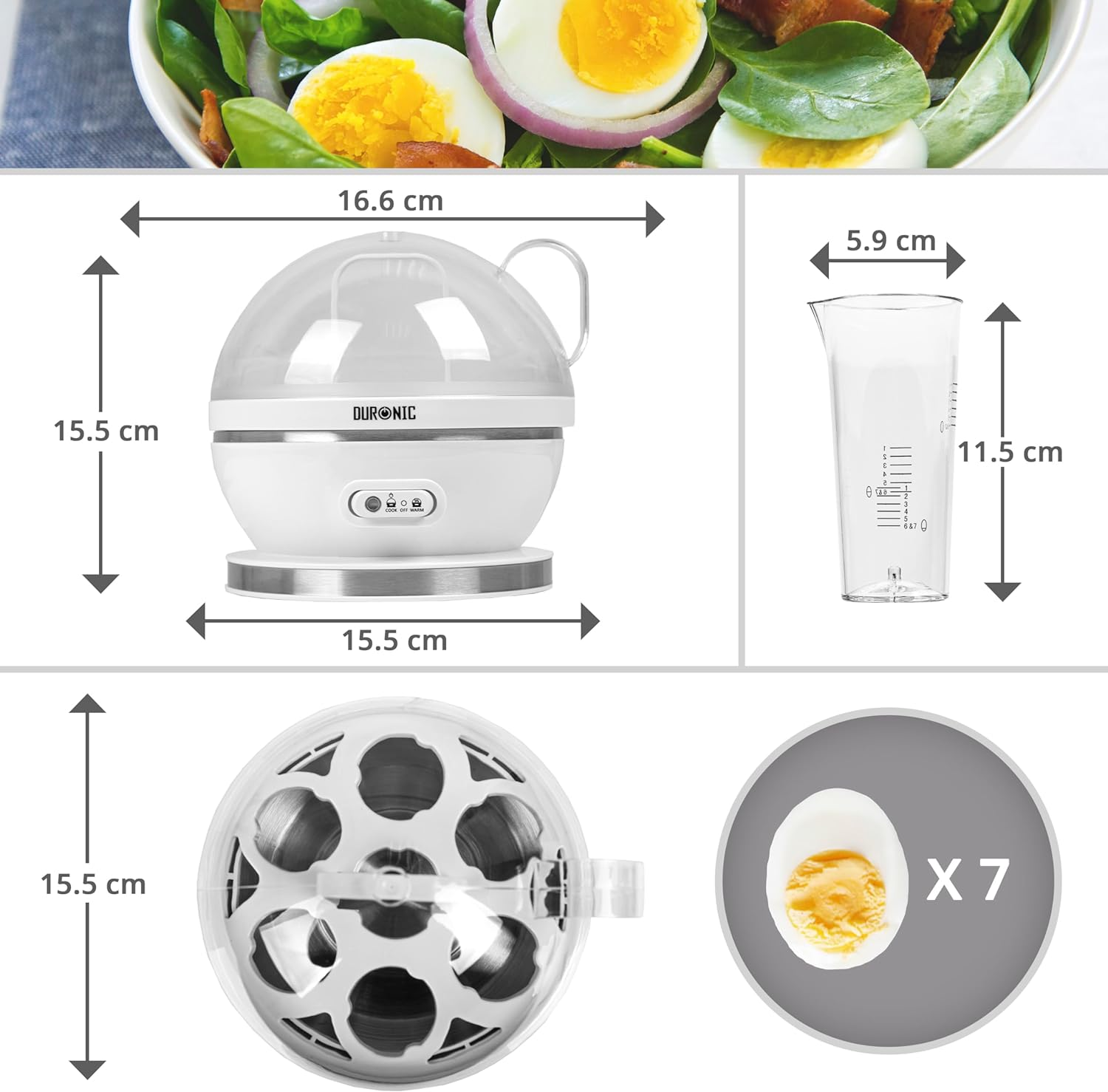 Weißer Eierkocher mit Messbecher und Eiern. Enthält auch einen Salatteller.