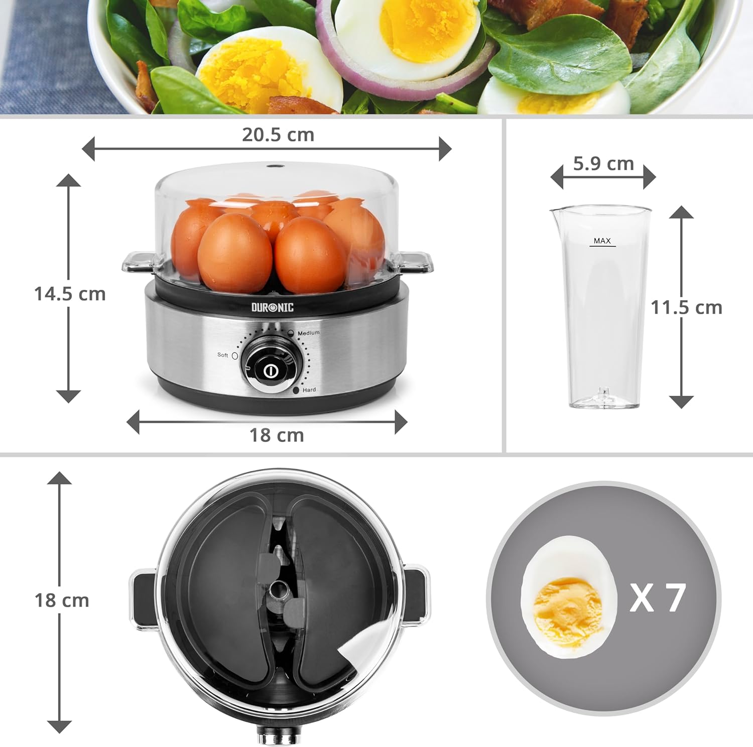 Hervidor de huevos con huevos, una taza medidora y una ensalada. Los huevos se están cocinando. Se proporcionan medidas.