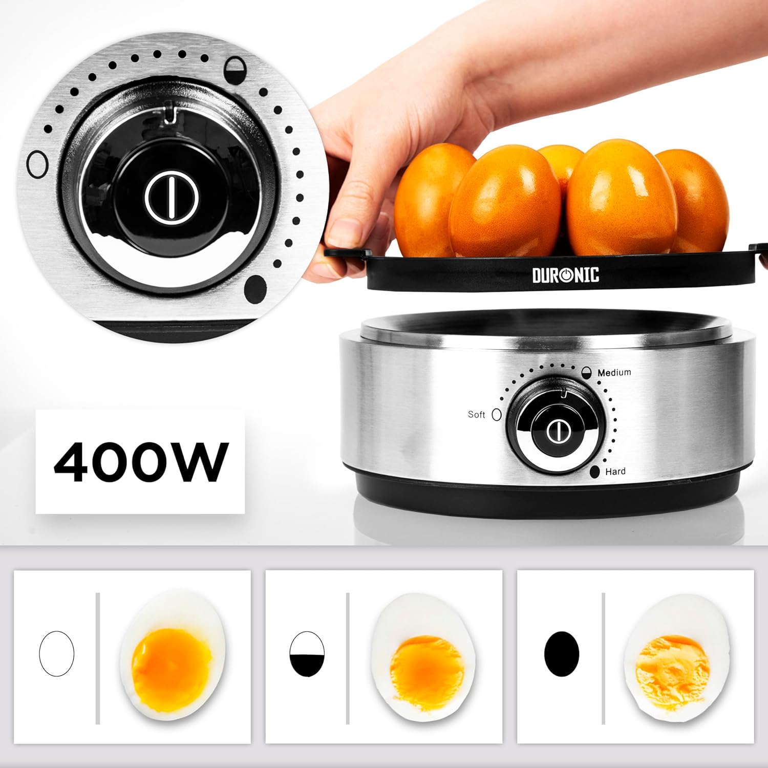 Hervidor de huevos con huevos y una mano girando un dial para ajustar el nivel de cocción.