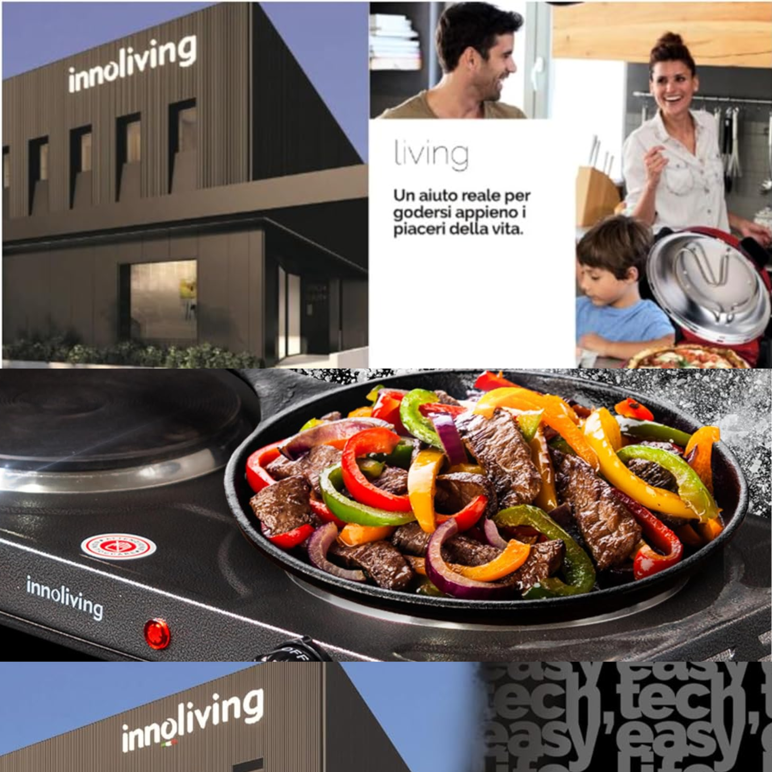 Un collage di immagini su Innoliving, tra cui un edificio, persone e cibo.