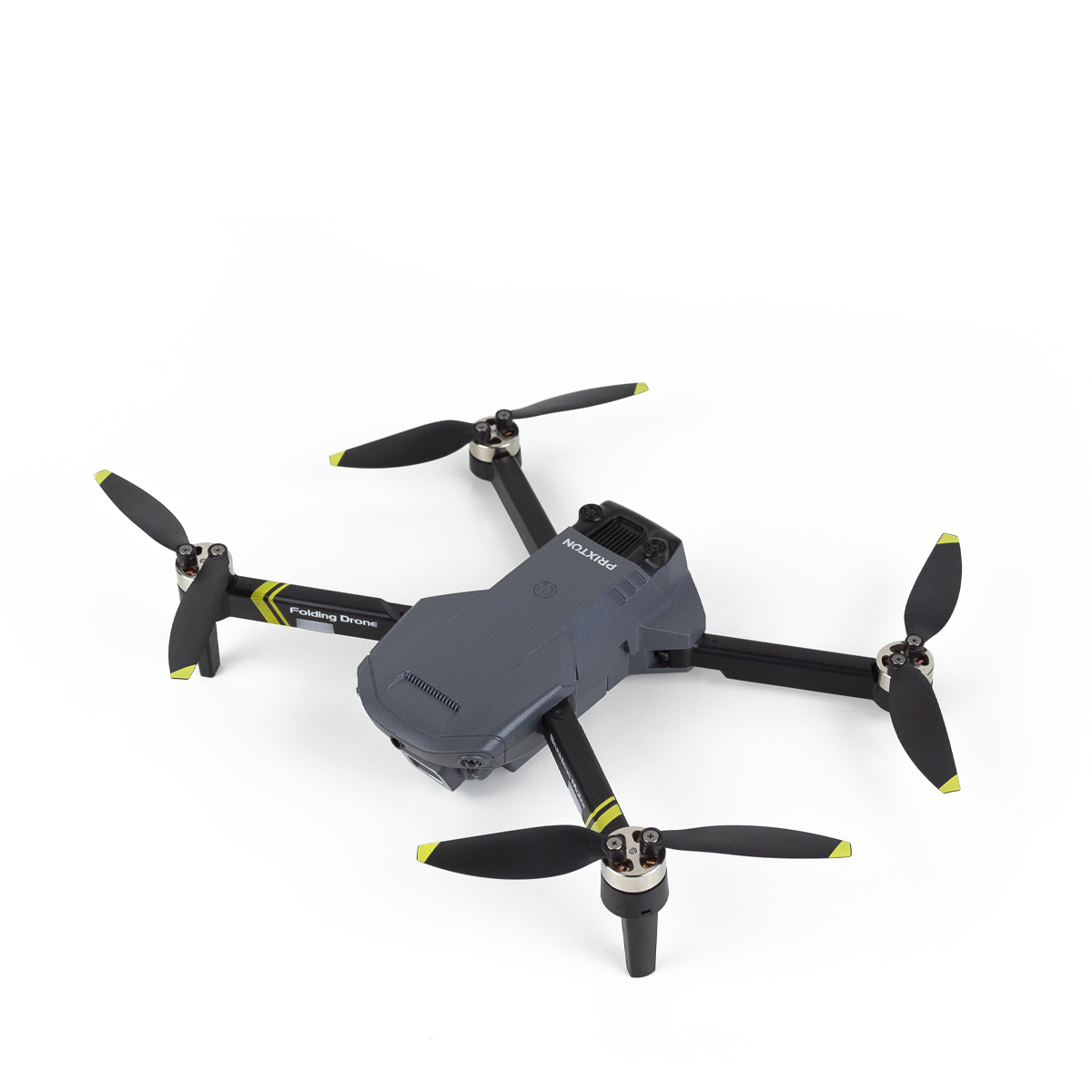 Dron z czterema śmigłami. Szary korpus. Białe tło.