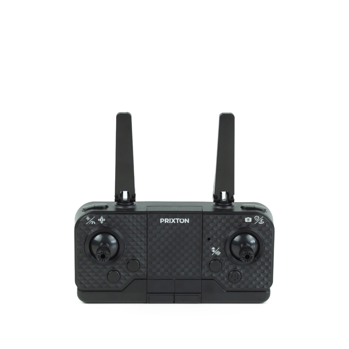 Czarny kontroler drona z dwiema antenami na białym tle.