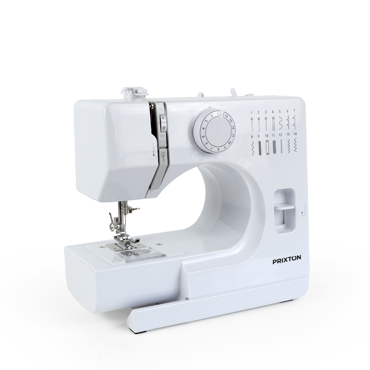 Biała maszyna do szycia z różnymi ustawieniami ściegów na białym tle.