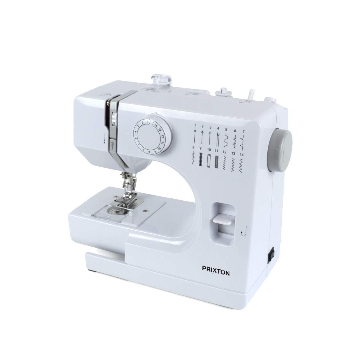 Biała maszyna do szycia na białym tle. Ma wiele opcji i markę PRIXTON.