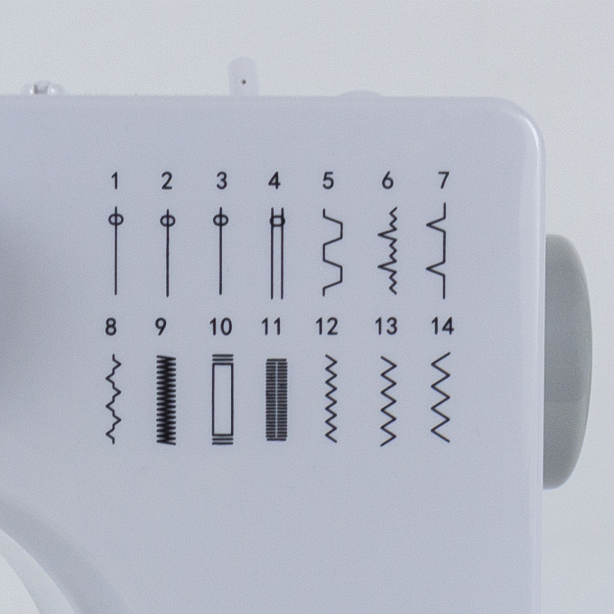 Szczegół maszyny do szycia z wzorami ściegów oznaczonymi od 1 do 14. Maszyna jest biała.