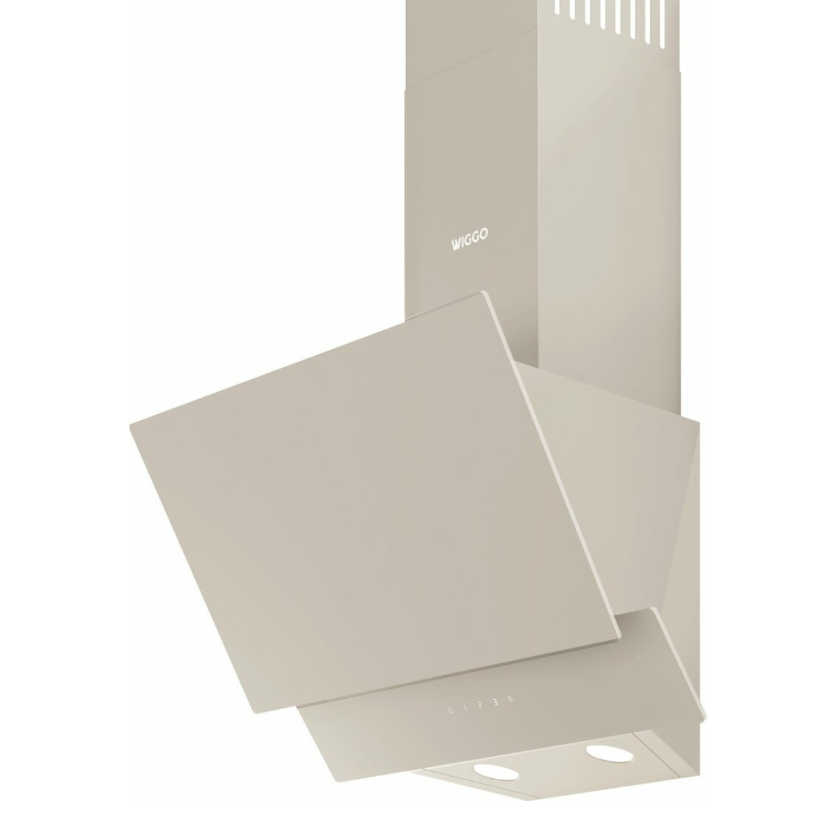 Beige afzuigkap met schuine voorkant. Merknaam 'WIGGO' is zichtbaar.