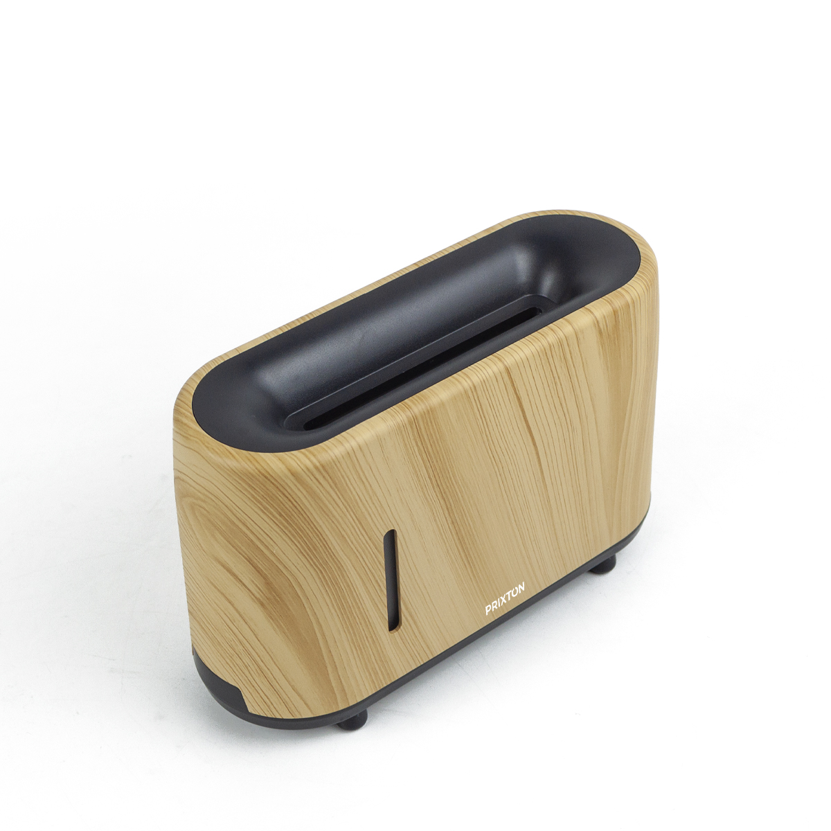 Drewniany odświeżacz powietrza na białym tle. Ma prostokątny kształt z ciemnym otworem u góry.