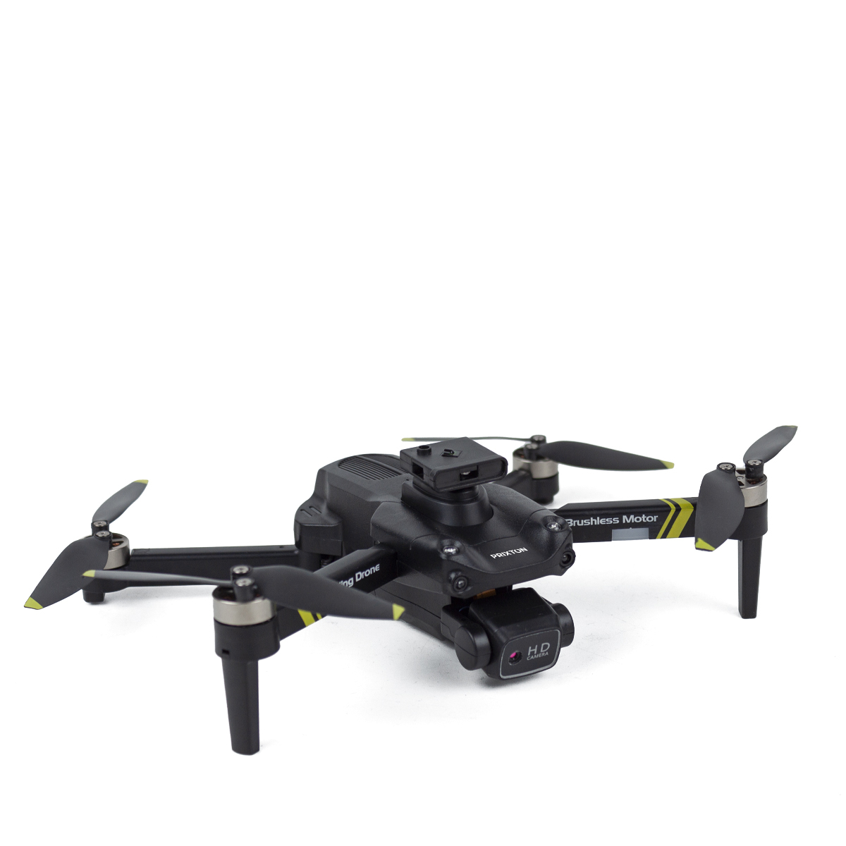 Czarny dron ze śmigłami, kamerą i