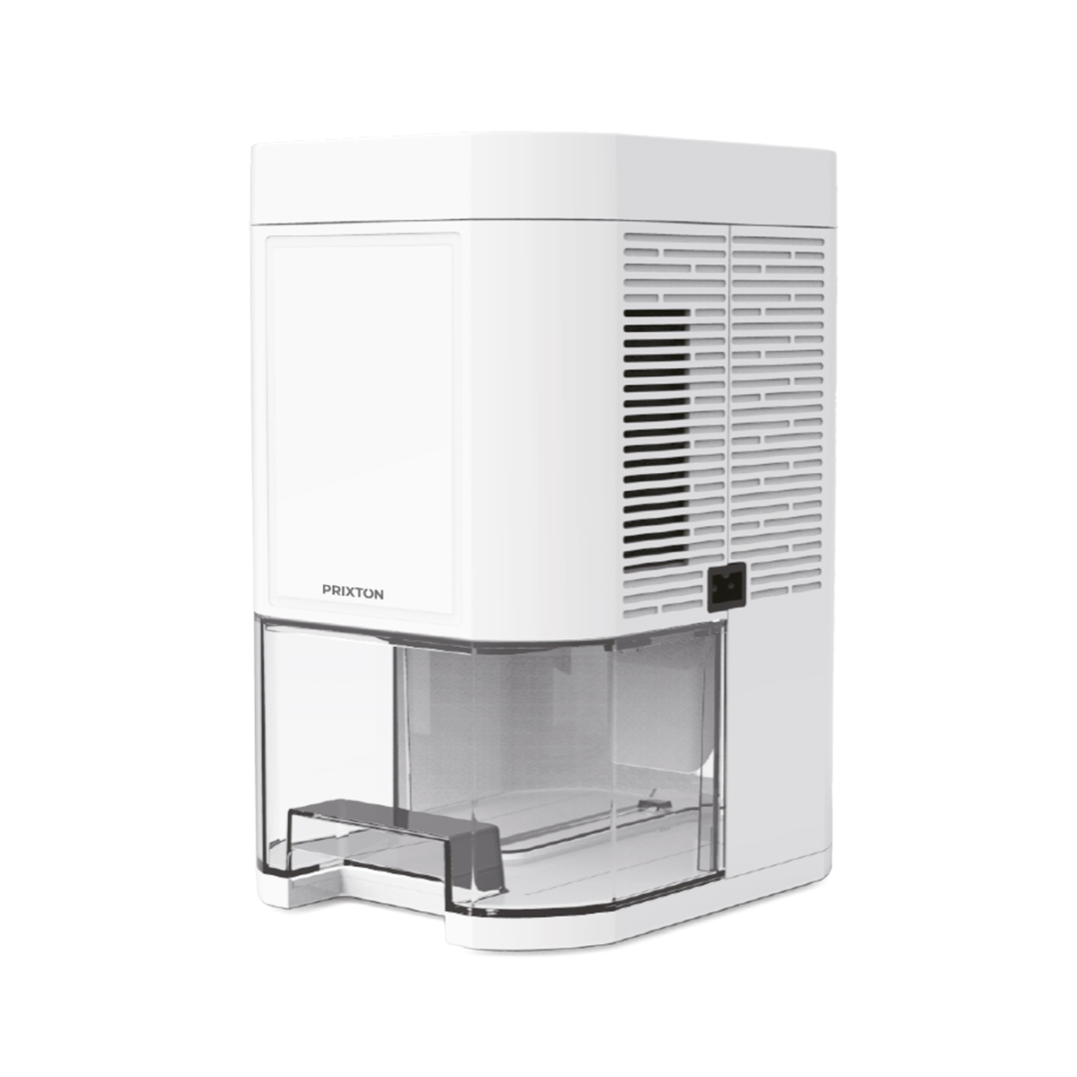 Biały osuszacz powietrza. Ma zbiornik na wodę i panel sterowania. Marka to PRIXTON. Na białym tle.