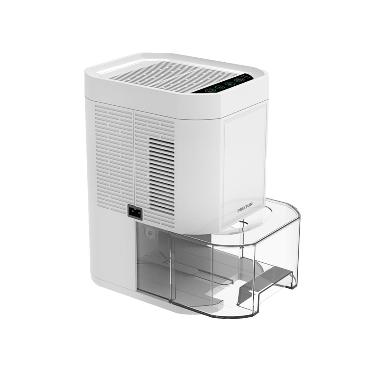 Biały osuszacz powietrza z przezroczystym zbiornikiem na wodę na dole i panelem sterowania u góry.