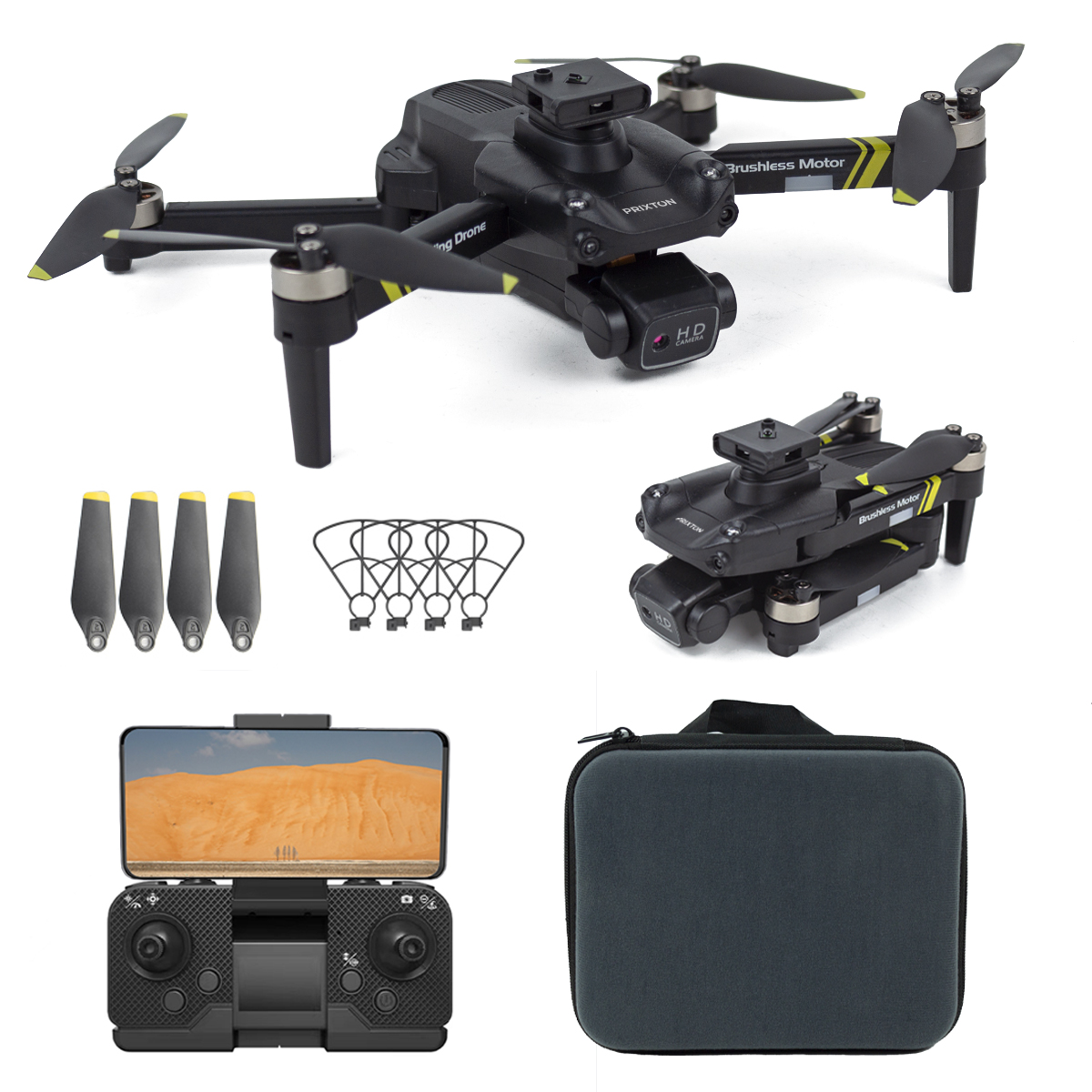 Czarny dron z akcesoriami jest pokazany na białym tle. Widoczne są również dodatkowe śmigła i etui.