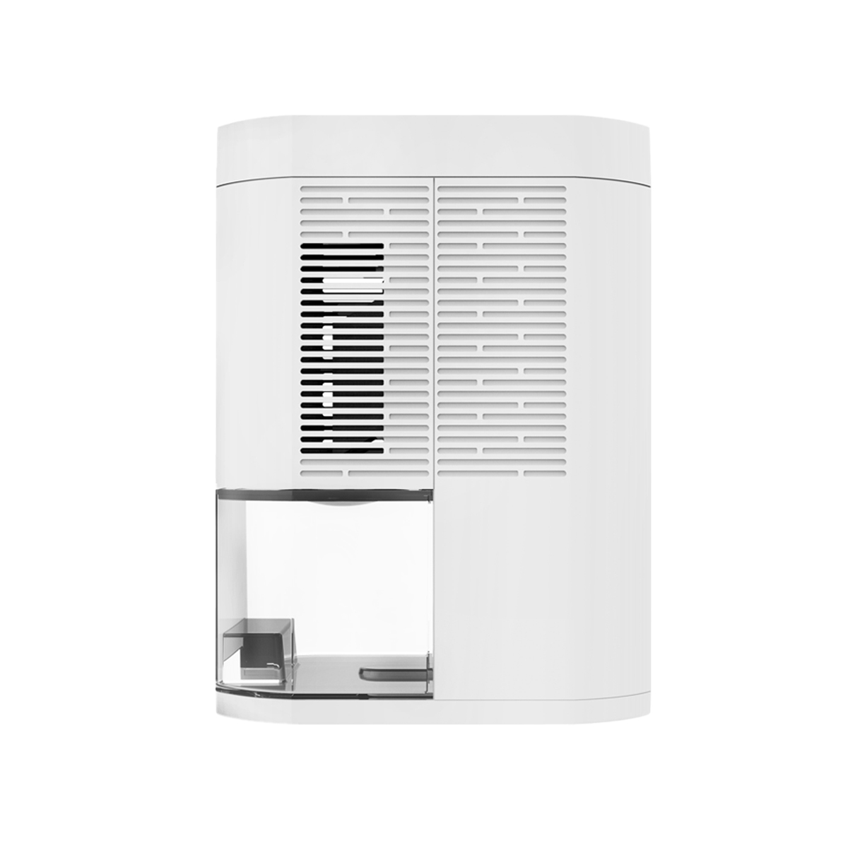 Biały osuszacz powietrza z widocznym zbiornikiem na wodę. Tył z kratkami.