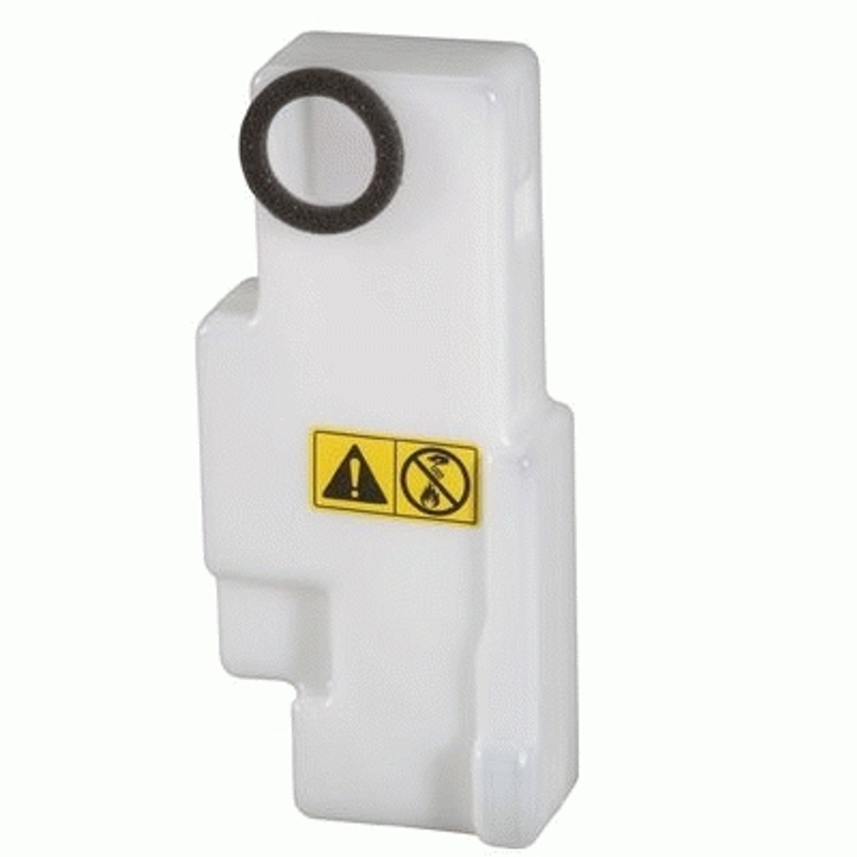 Biała plastikowa część z czarnym pierścieniem i etykietami ostrzegawczymi.