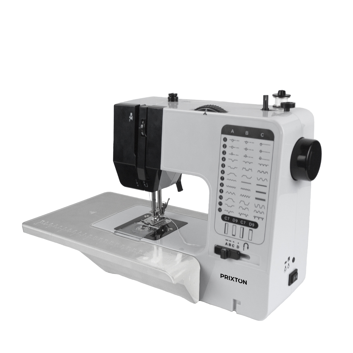 Biało-szara maszyna do szycia na białej powierzchni. Widoczne czarne elementy.