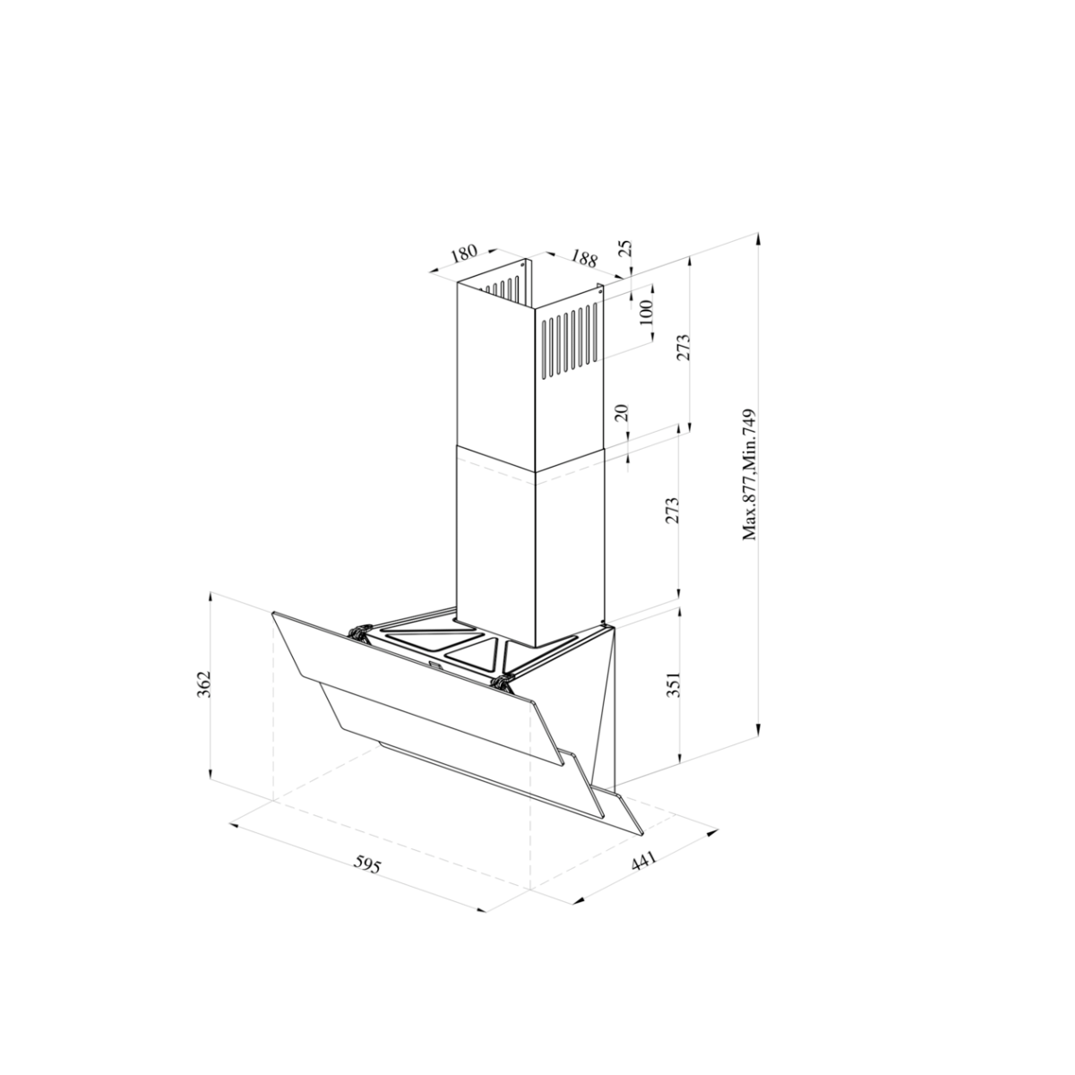 Diagramme d'une hotte de cuisine. Montre les dimensions et les composants internes. Noir et blanc.