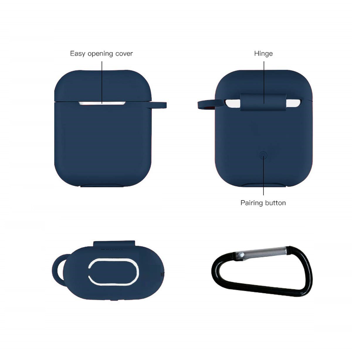 Marineblaue AirPods-Gehäusekomponenten. Enthält Abdeckung, Scharnier, Pairing-Taste und Karabiner.