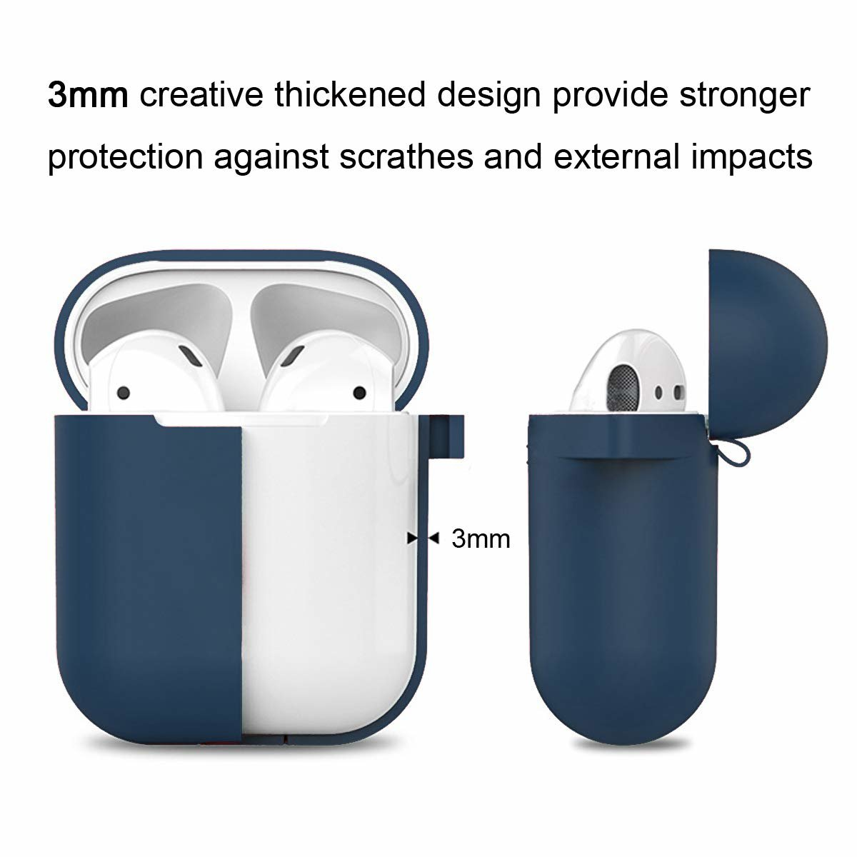 AirPods-Hülle in Marineblau und Weiß, geöffnet, um die Ohrhörer zu zeigen. Text beschreibt Schutz.