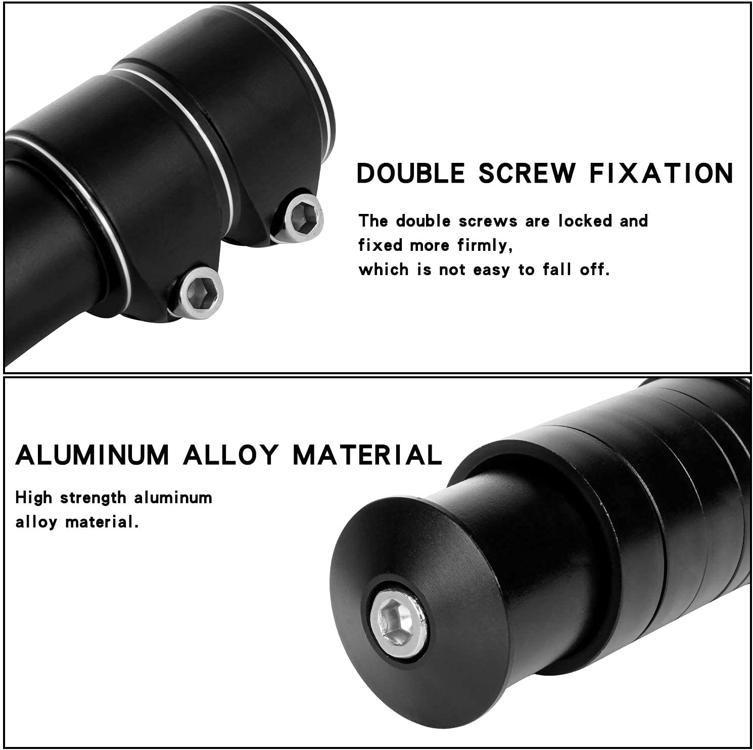 Zbliżenie czarnych części ze stopu aluminium, ze śrubami. Tekst wyjaśnia mocowanie na podwójną śrubę i materiał.