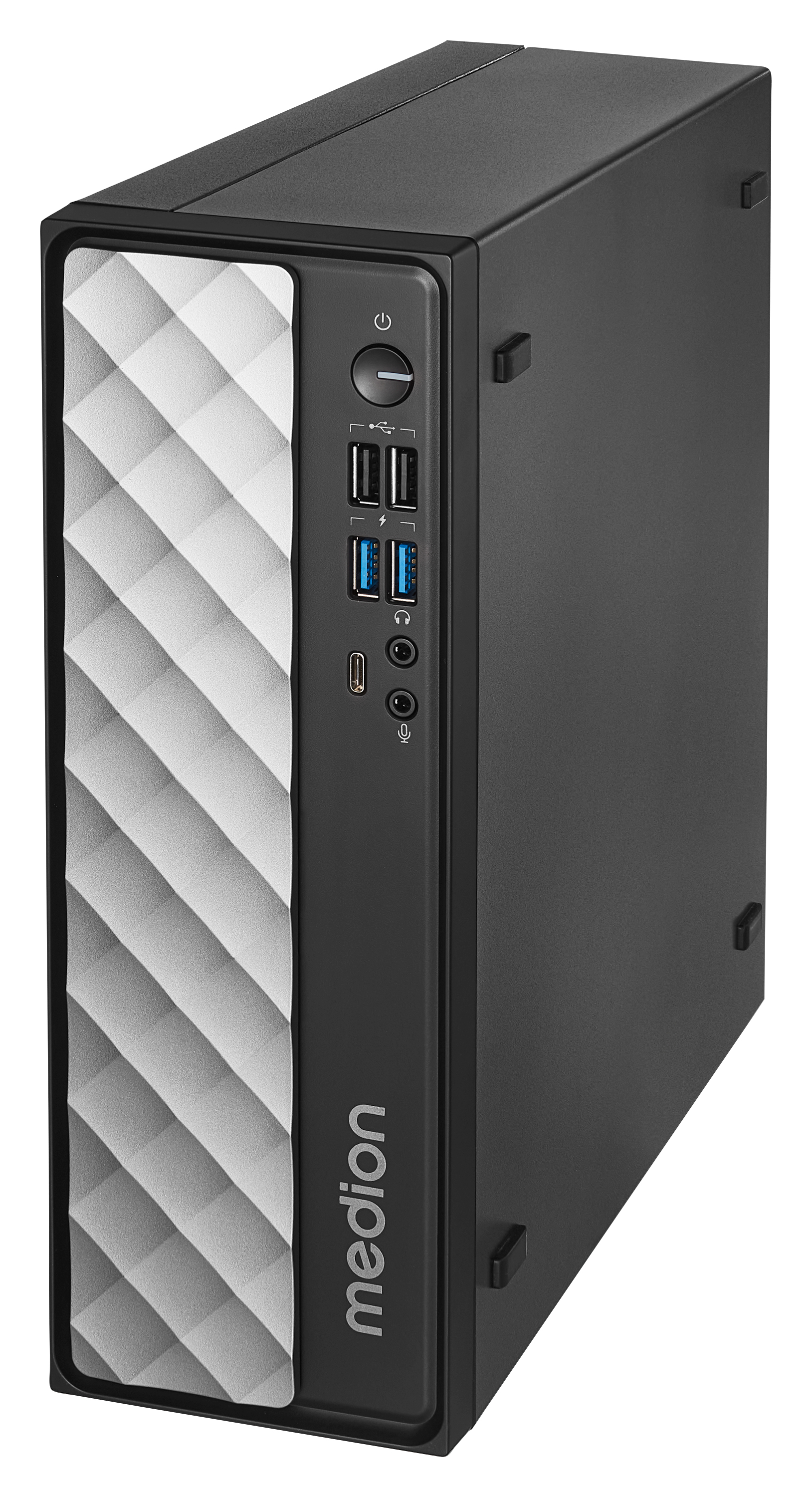 Czarna i szara obudowa komputera z marką medion.