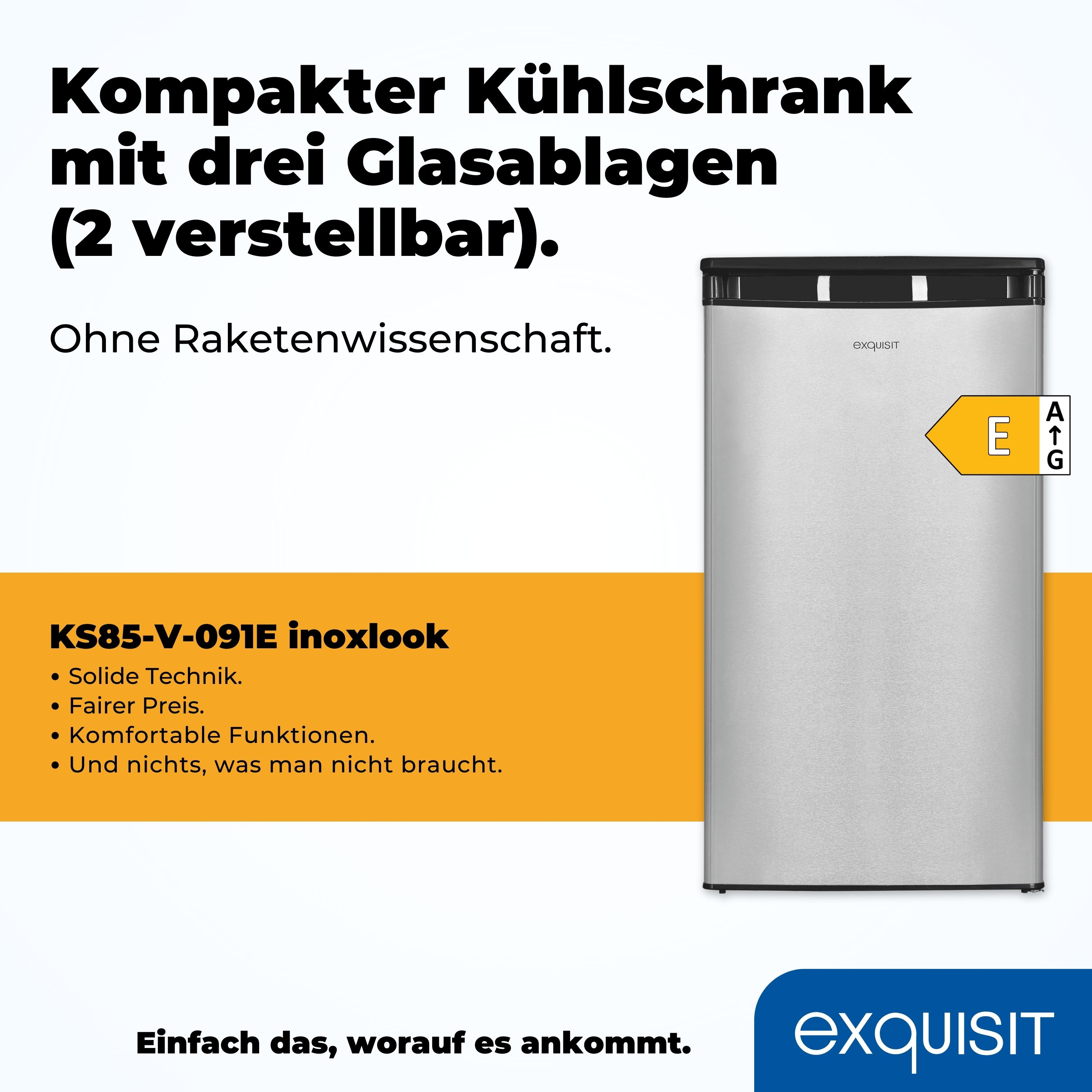 Kleiner Kühlschrank aus Edelstahl mit schwarzer Oberseite. Enthält Energieeffizienz-Etikett.