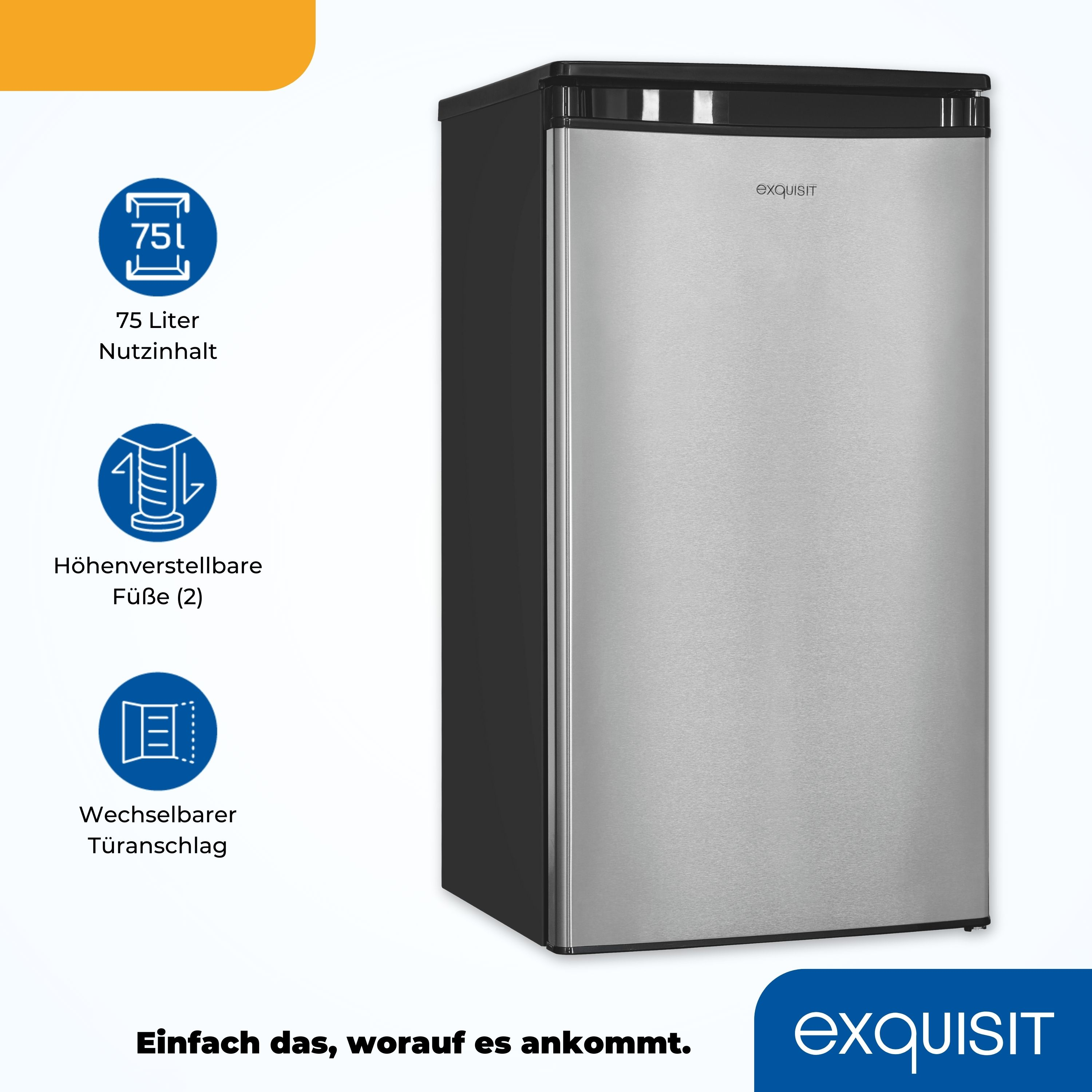 Ein silberner Minikühlschrank mit schwarzen Seiten. Er hat 75L Fassungsvermögen und verstellbare Füße.