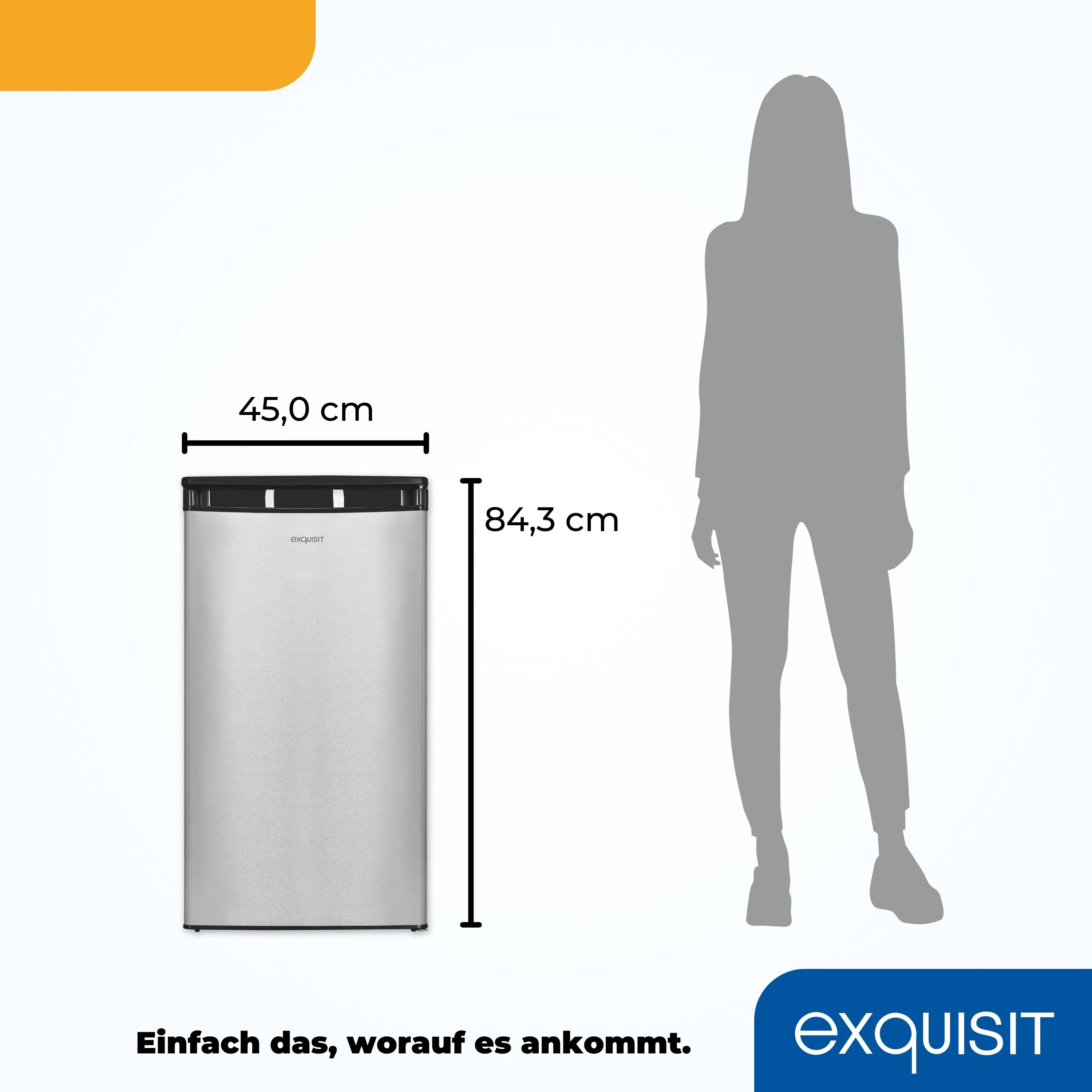 Ein hoher, silberner Kühlschrank mit angegebenen Abmessungen. Eine Personensilhouette steht daneben als Maßstab.
