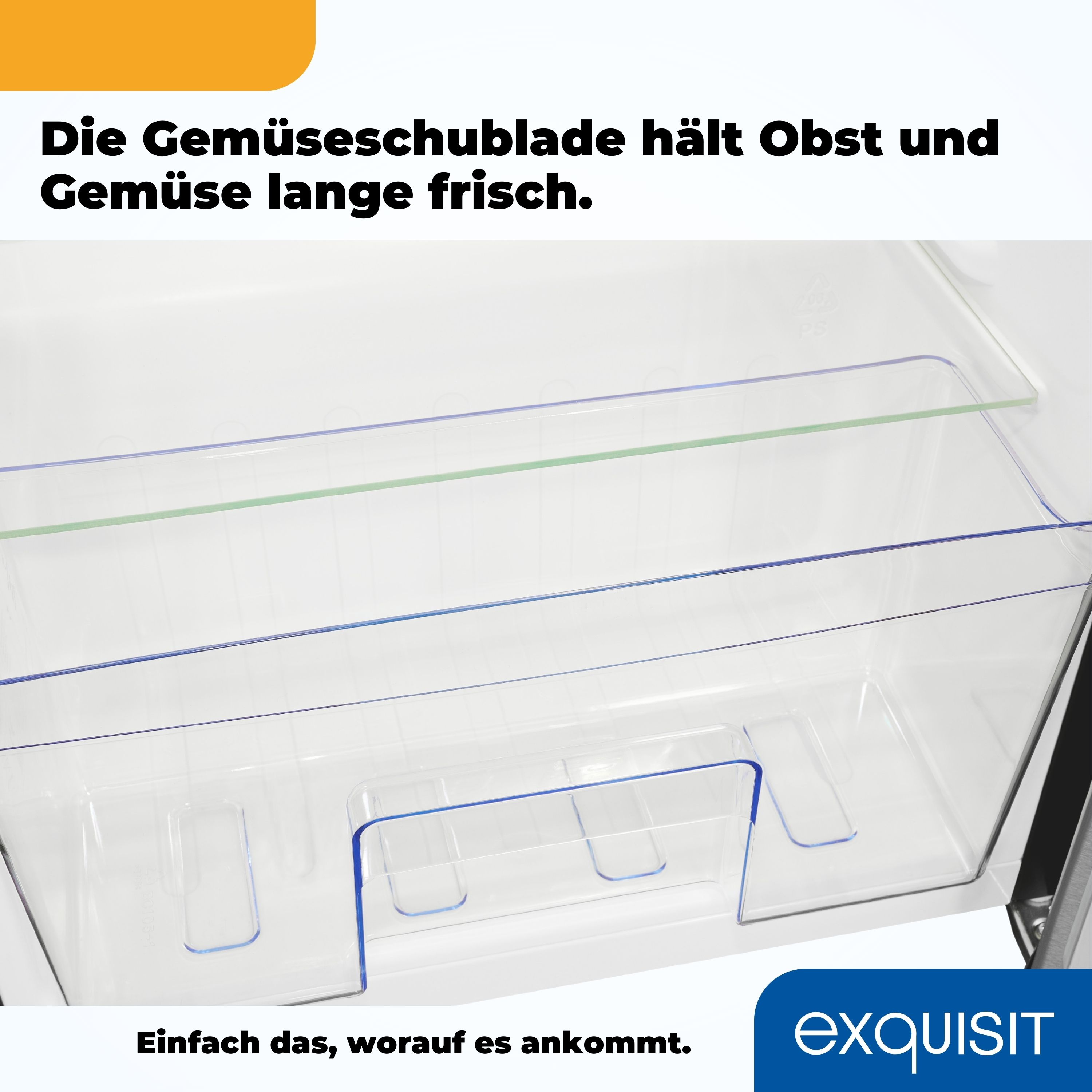 Kühlschrankinnenraum mit transparenten Schubladen, Text für frisches Obst und Gemüse, weißer Kühlschrank.