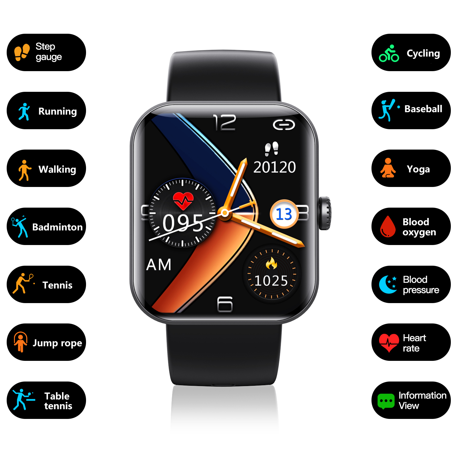 Eine schwarze Smartwatch zeigt Zeit und Gesundheitsmetriken an, umgeben von Symbolen für verschiedene Aktivitäten.