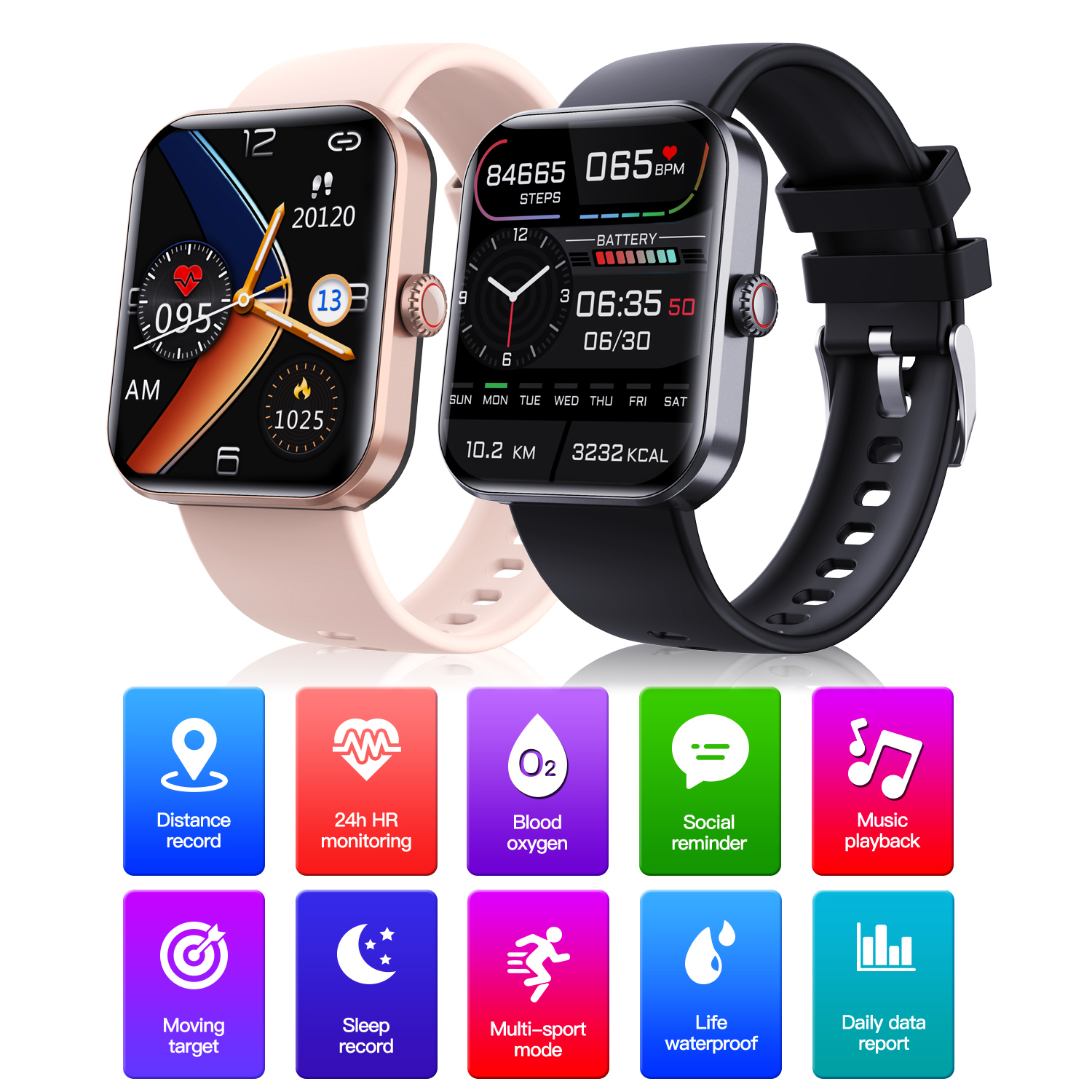 Zwei Smartwatches. Eine rosa und eine schwarze mit Gesundheits-Icons darunter.