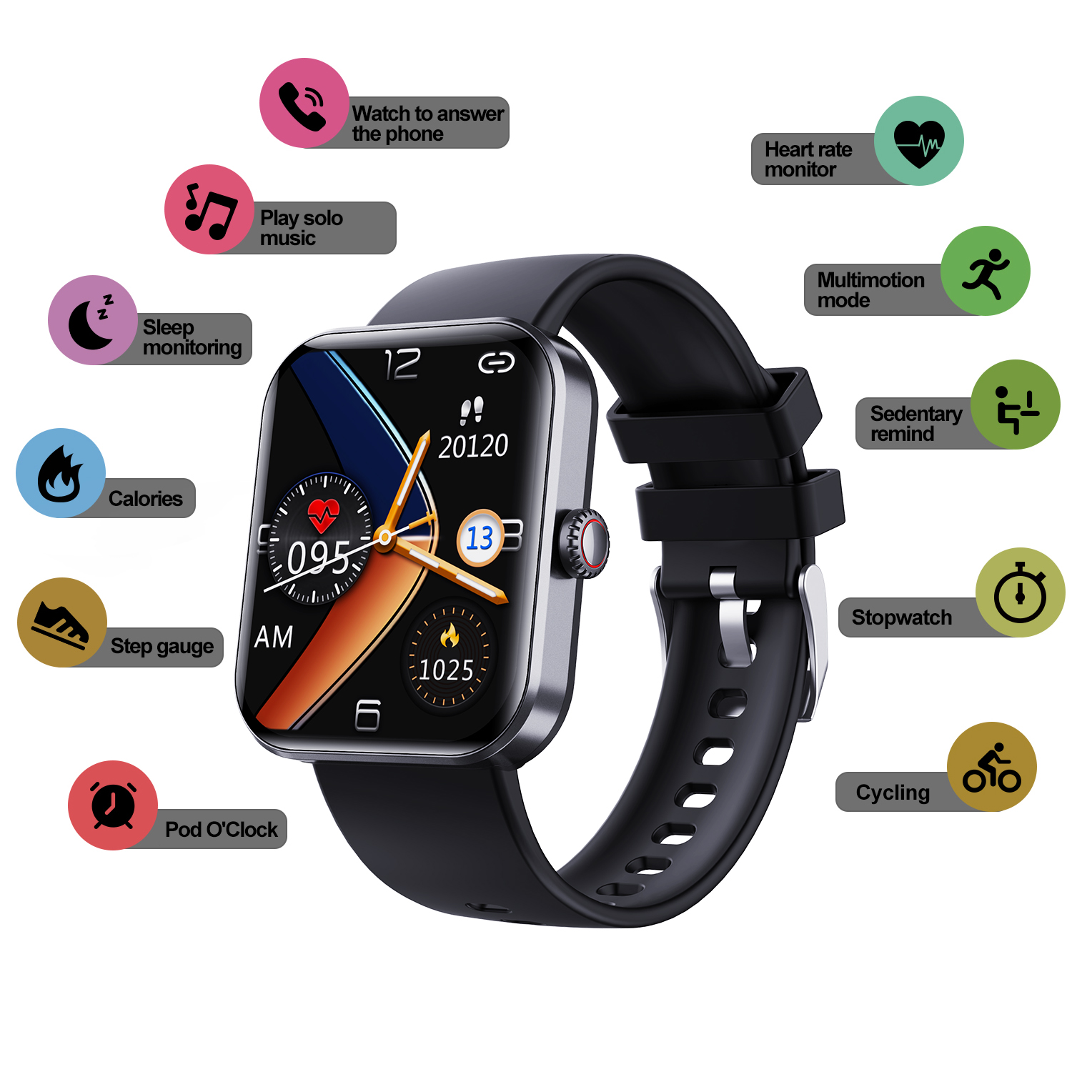 Smartwatch mit verschiedenen Gesundheits-Tracking-Symbolen, die um das Zifferblatt angezeigt werden.